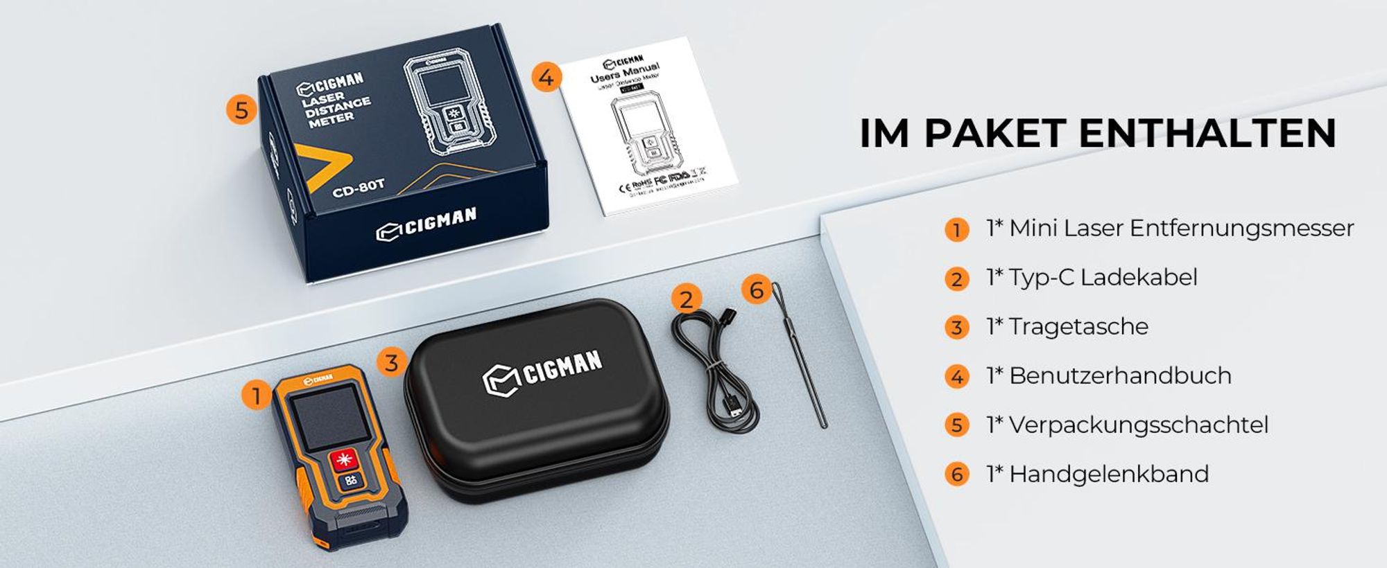 CIGMAN CD80T Laser-Entfernungsmesser 80m, LCD, USB-C Akku, IP54 Schutz