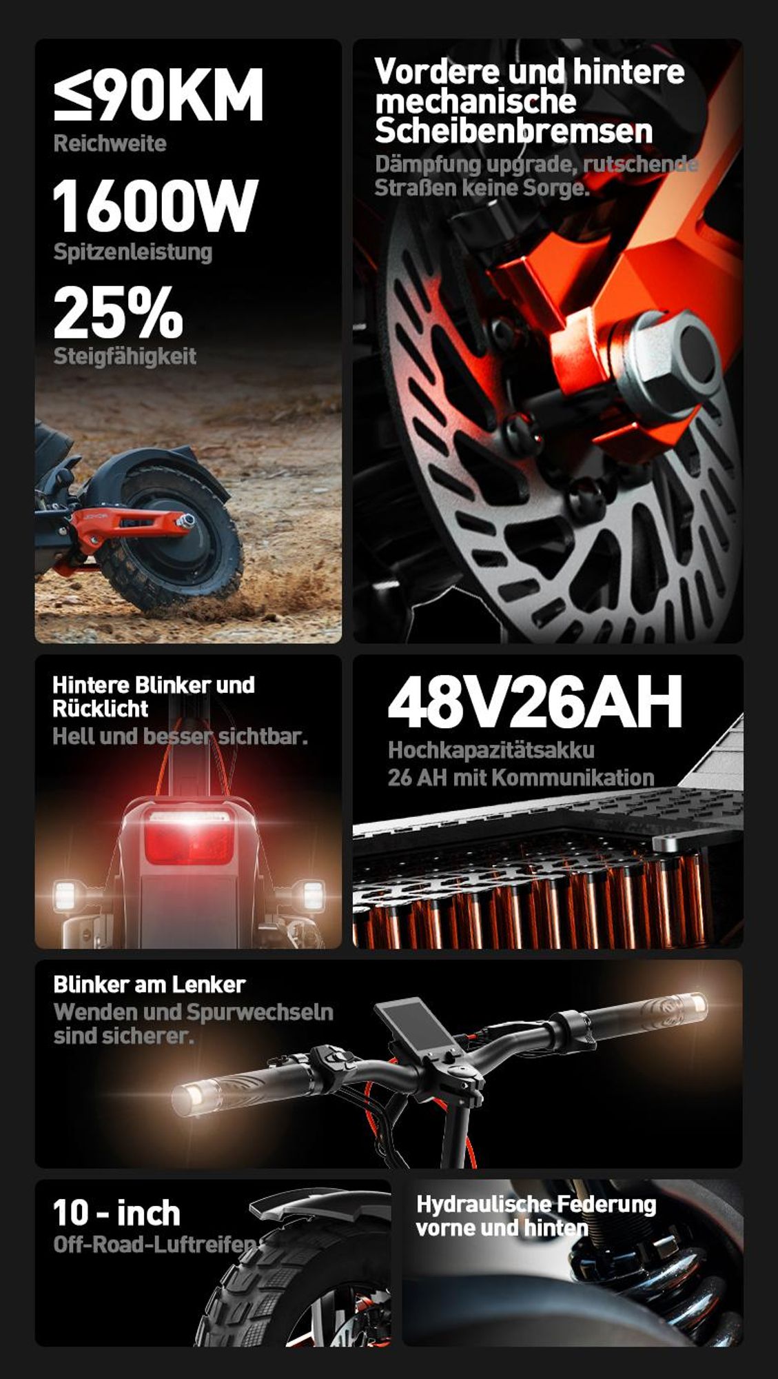 Joyor T6E Pro E-Scooter mit Straßenzulassung 500W bis 90km Reichweite Blinker offroad 10 Zoll hydraulische Federung