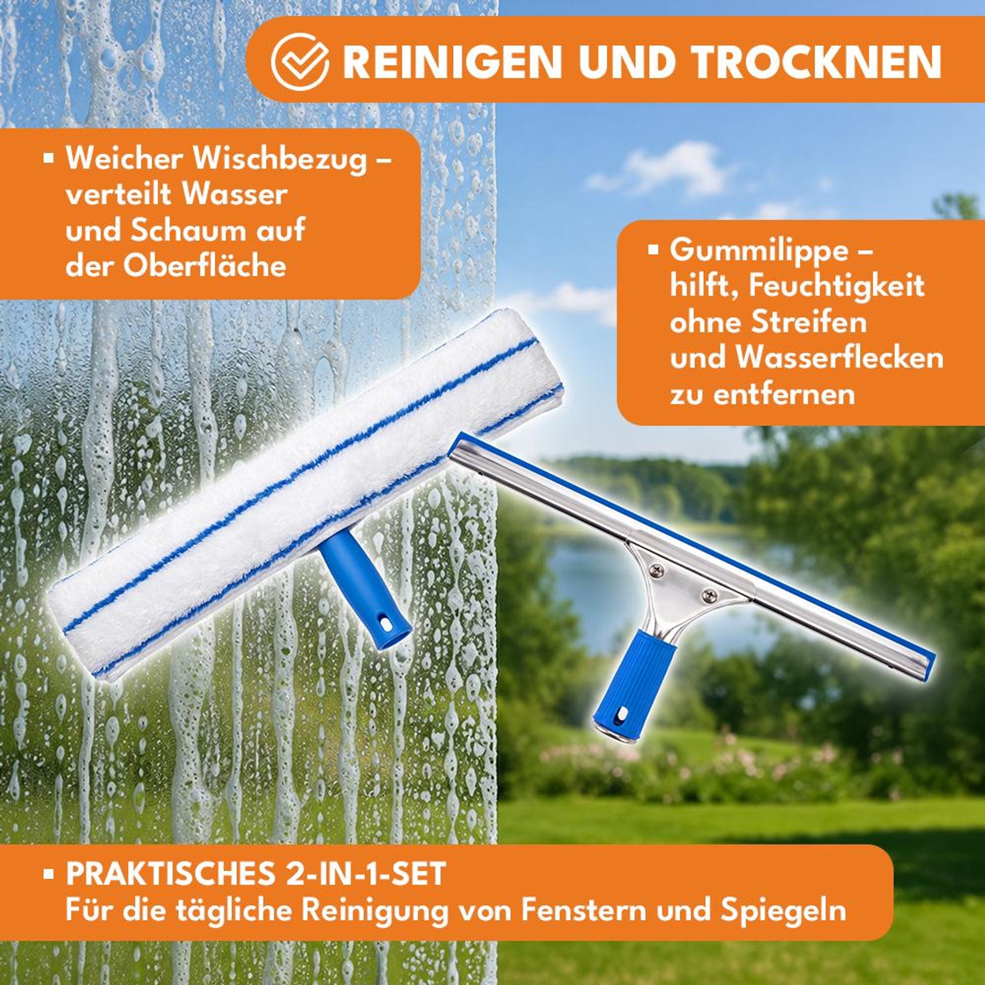KRUMAD Fensterreiniger Set 2in1, Fensterputzer, Fensterwischer mit Mikrofaser und Abzieher, Glasreiniger Set mit Edelstahlprofil, für Fenster, Spiegel