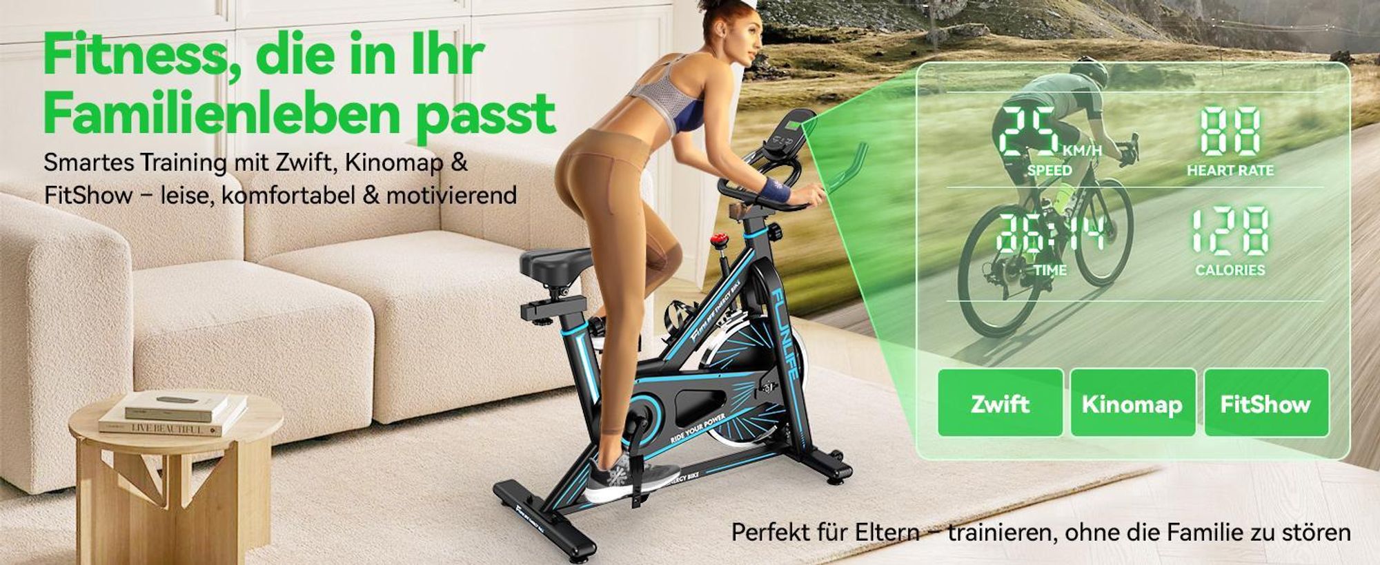 FunLife C1 Heimtrainer – Indoor Bike mit Bluetooth, FitShow & Kinomap, stufenlosem Widerstand, Herzfrequenzmessung, bis 120 kg