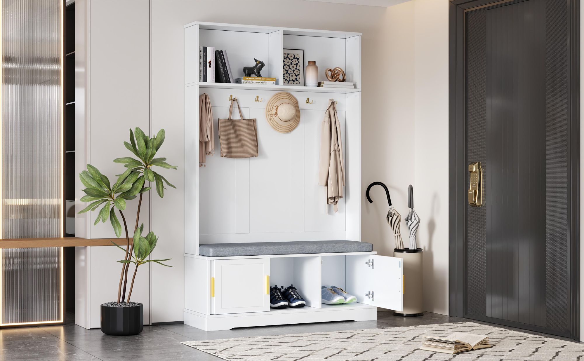 Merax Garderobenständer mit Schuhbank, Flurgarderobe mit 6 Dreifach-Haken, Garderobe mit Sitzbank, für Eingangsbereich, 120×40×191cm, Weiß