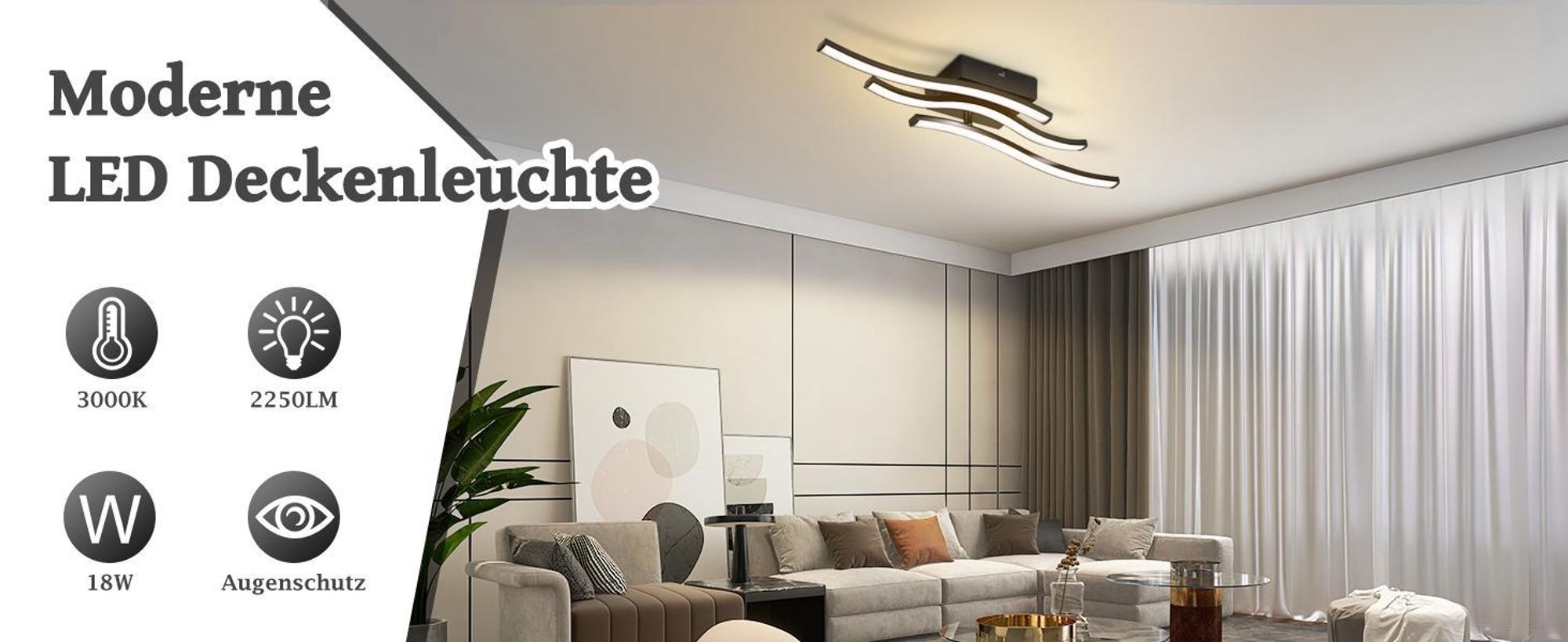 ZMH LED Deckenlampe Schlafzimmer Deckenleuchte Schlafzimmerlampe Schwarz 18W Wohnzimmerlampe 3000K Wellen Modern Küchenlampe Innen Warmweiß Flurlampe
