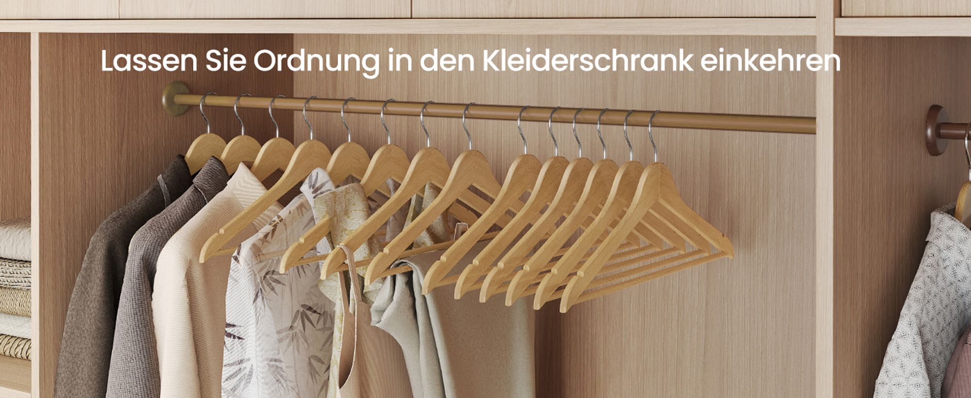 SONGMICS Kleiderbügel Holz, 30er Set, Holzbügel schlank, Bügel, platzsparend, Hosenbügel, 360° drehbarer Haken, Birkenholz, für Träger und Jacken
