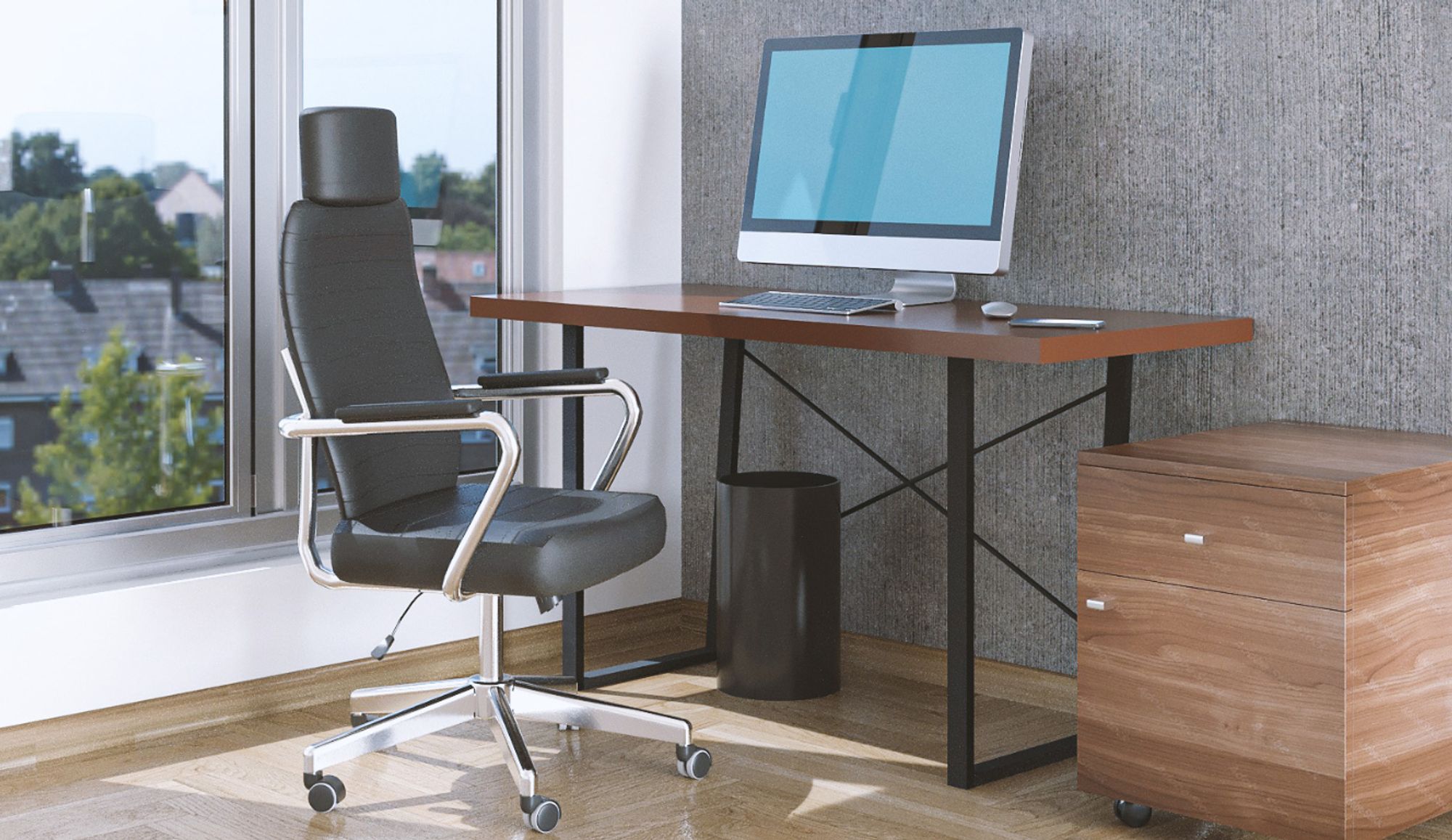 Das Bild Zeigt einen Arbeitsplatz mit Schreibtisch, Stuhl, Computer und Regal.