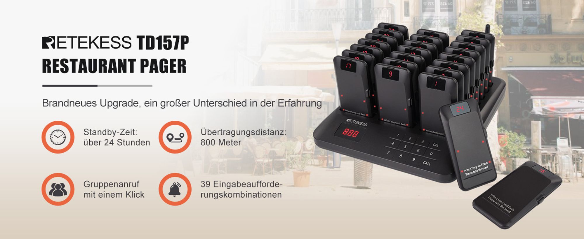 Retekess TD157P Pager Rufsystem, Restaurant Pager mit 800m, 24H, 39 Rufmodi, Geeignet für Fast Food Restaurant, Kompatibel mit TD157