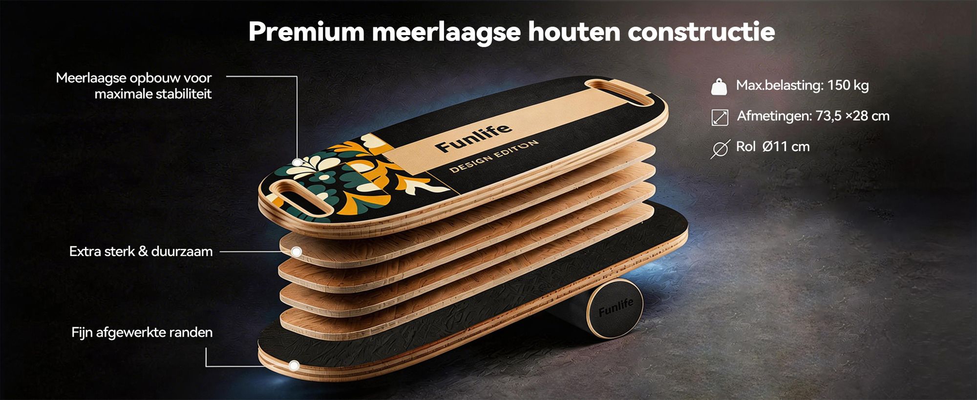 FunLife MOVE Balance Board met rol – Balance trainer met een 3-traps balanssysteem voor core-training, evenwicht, coördinatie en stabiliteit