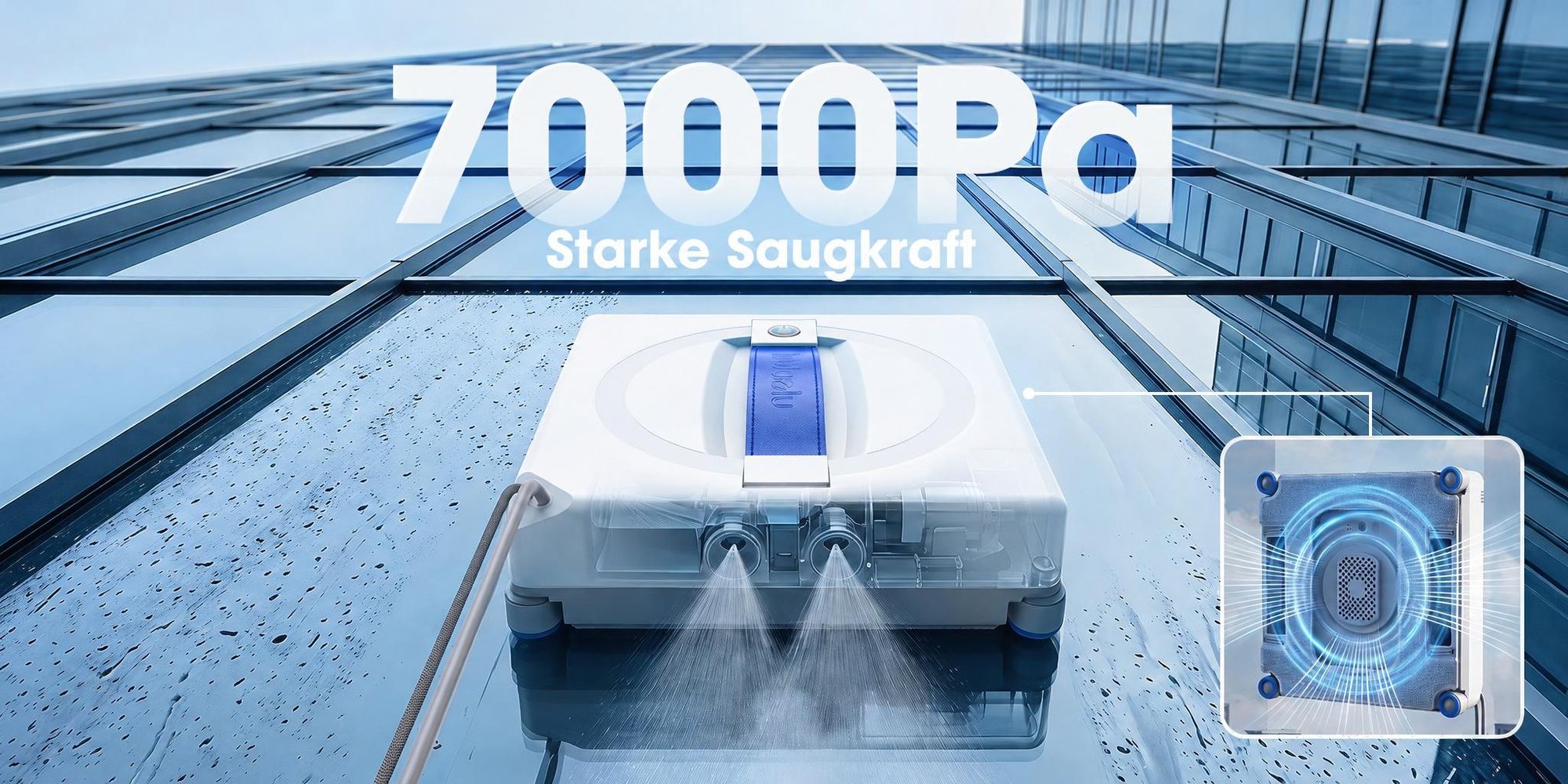 Lubluelu W100 Fensterputzroboter mit Sprühfunktion, 7000 Pa Saugkraft, Fernbedienung & 4 m Sicherheitsseil, inkl. 4 waschbarer Mikrofasertücher