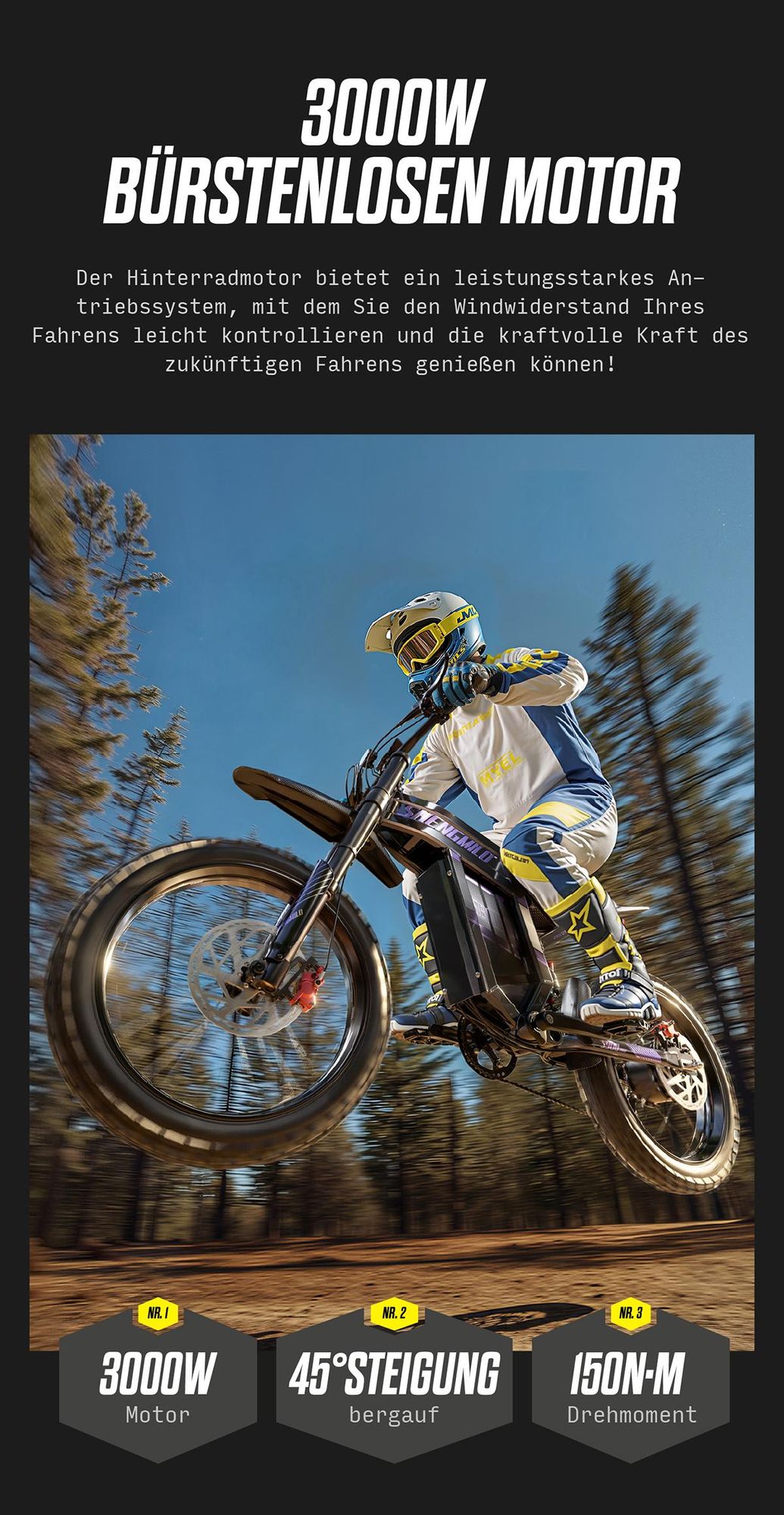 Shengmilo S900 PRO Offroad-E-Motorrad, 3000W, 60V 35Ah, 150 N·m, maximale Steigfähigkeit 45°, 19 Zoll