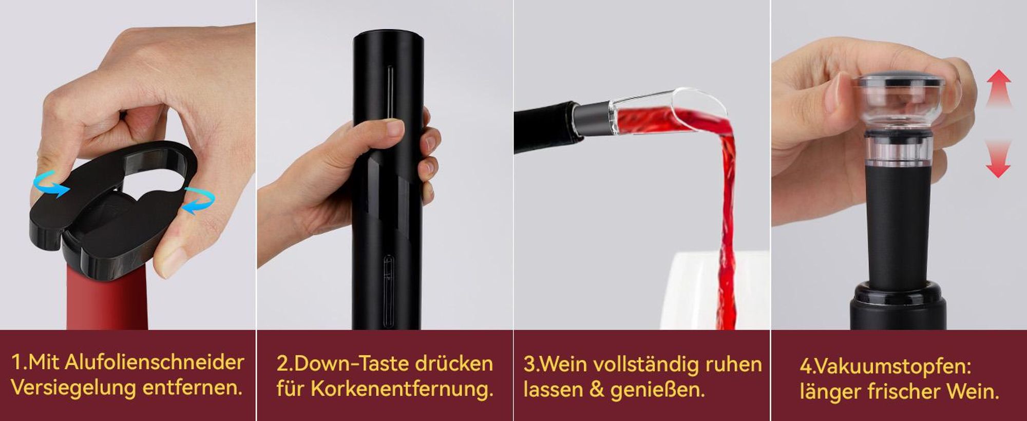 Elektrischer Weinöffner Set (6-in-1), Automatischer Korkenzieher mit Ladestation, Kapselschneider, Ausgießer & Vakuumverschluss