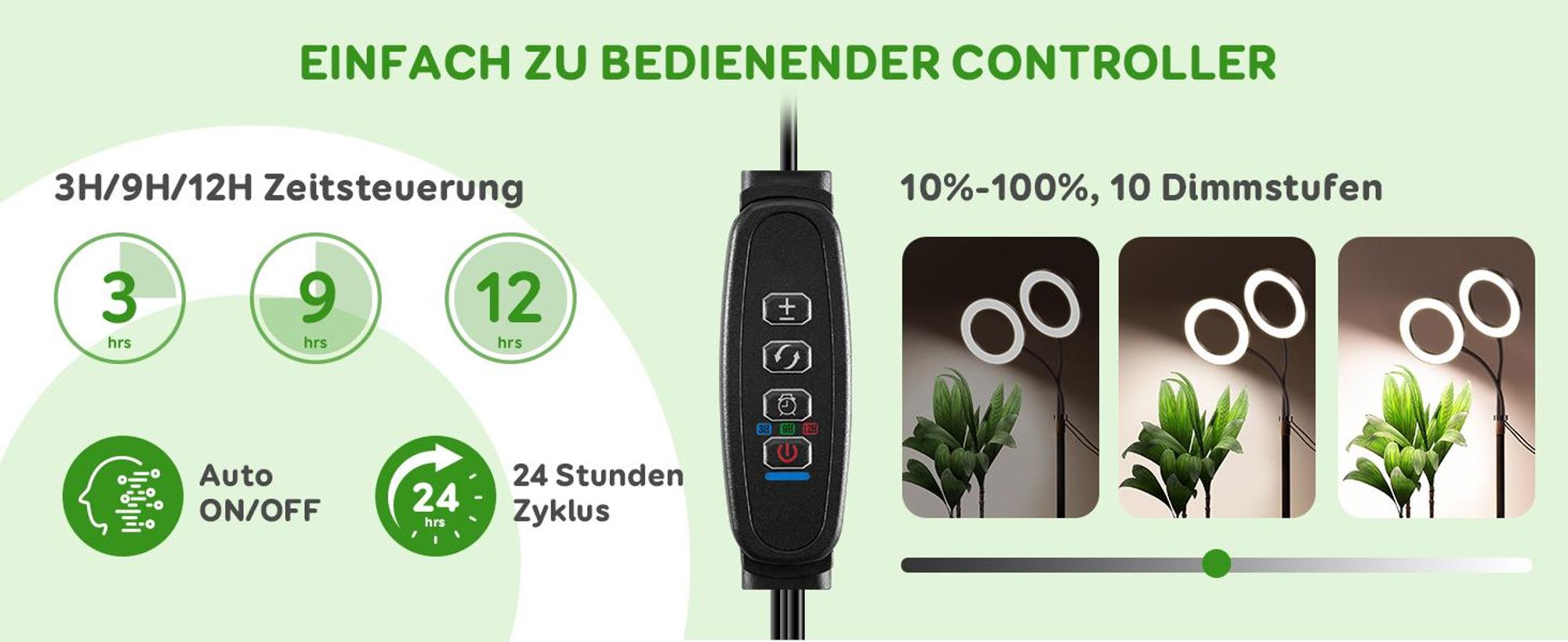 LED Pflanzenlampe Vollspektrum 2 Köpfe, 144 LEDs, 10-stufig dimmbar, Timer 3/9/12h, mit 16 cm Ring und 35-155 cm verstellbarem Stab für Zimmerpflanzen