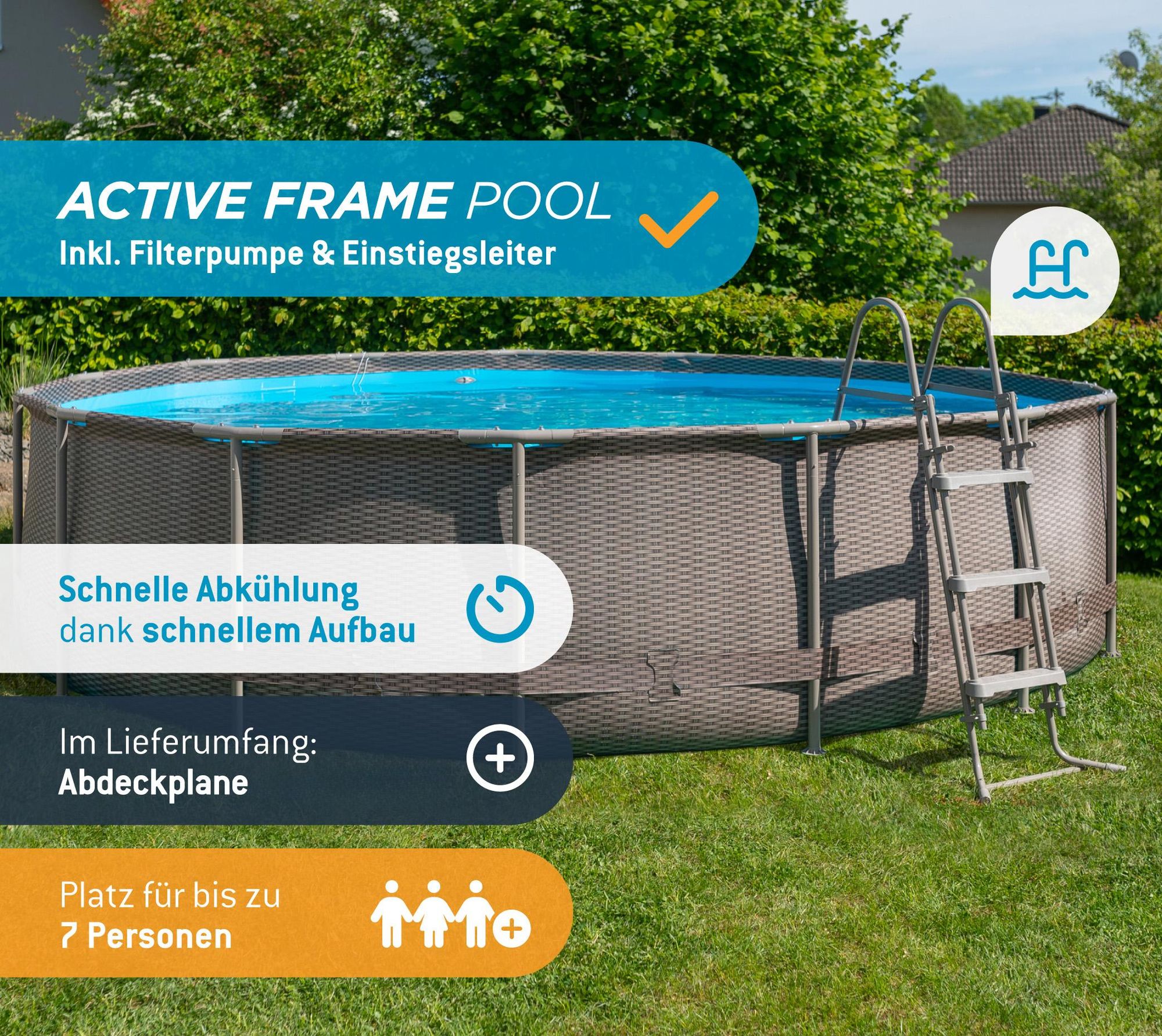 Summer Waves Active Frame Pool Aufstellpool rund inkl. Zubehör Rattanoptik braun Ø 457x107 cm