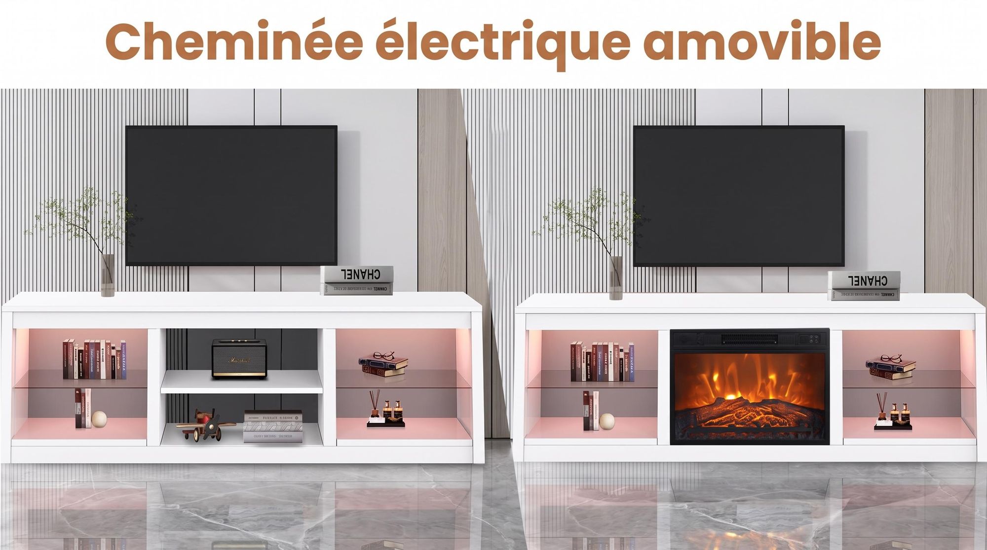 Meuble TV Parrot Uncle avec cheminée électrique et éclairage RGB, design moderne, blanc, 168x40x56 cm, MDF/acier, télécommande, idéal pour le salon