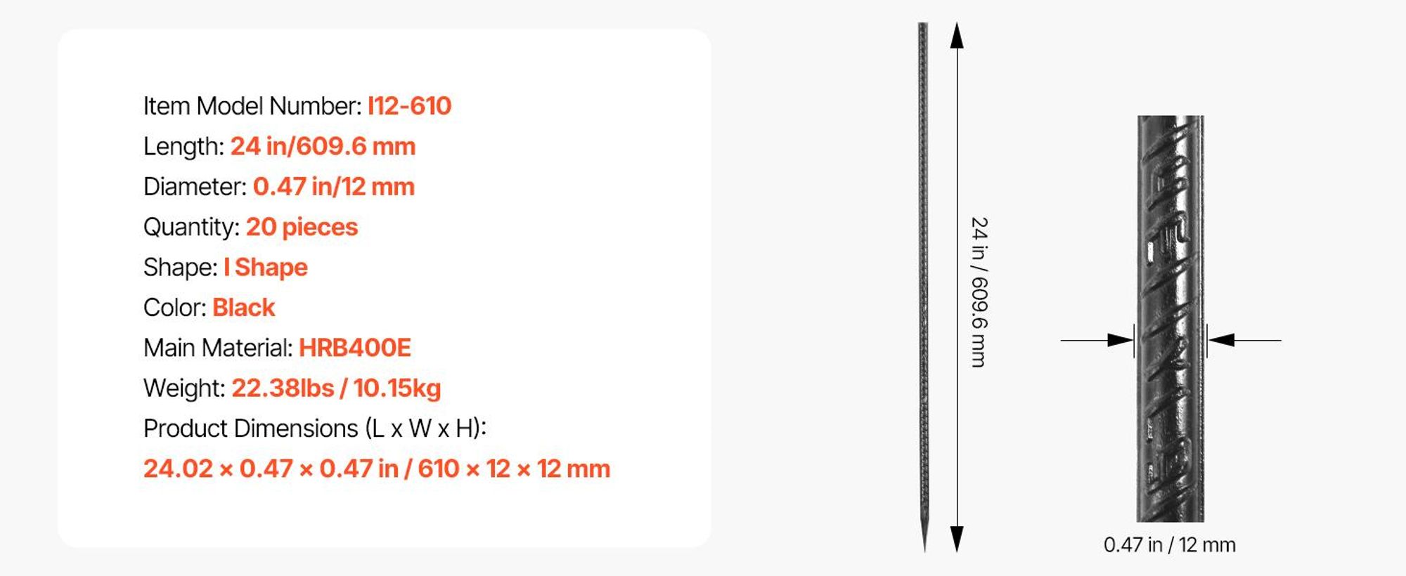 VEVOR Bodenanker, 609,6 mm, I-Typ mit 12 mm Durchmesser, verzinkte Zeltheringe, Erdanker, Erdnägel, Heringe, für Zelten, Vordächern, Camping, Trampolin, Blumenständer (20er-Pack)