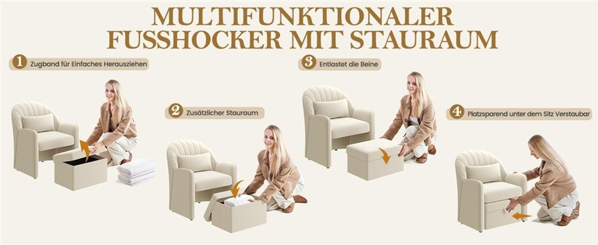 Yaheetech Sessel mit Hocker & Stauraum, bequemer Ohrensessel mit Rückenkissen, Relaxsessel aus Samt, Lounge Sessel für Büro/Schlafzimmer, Beige