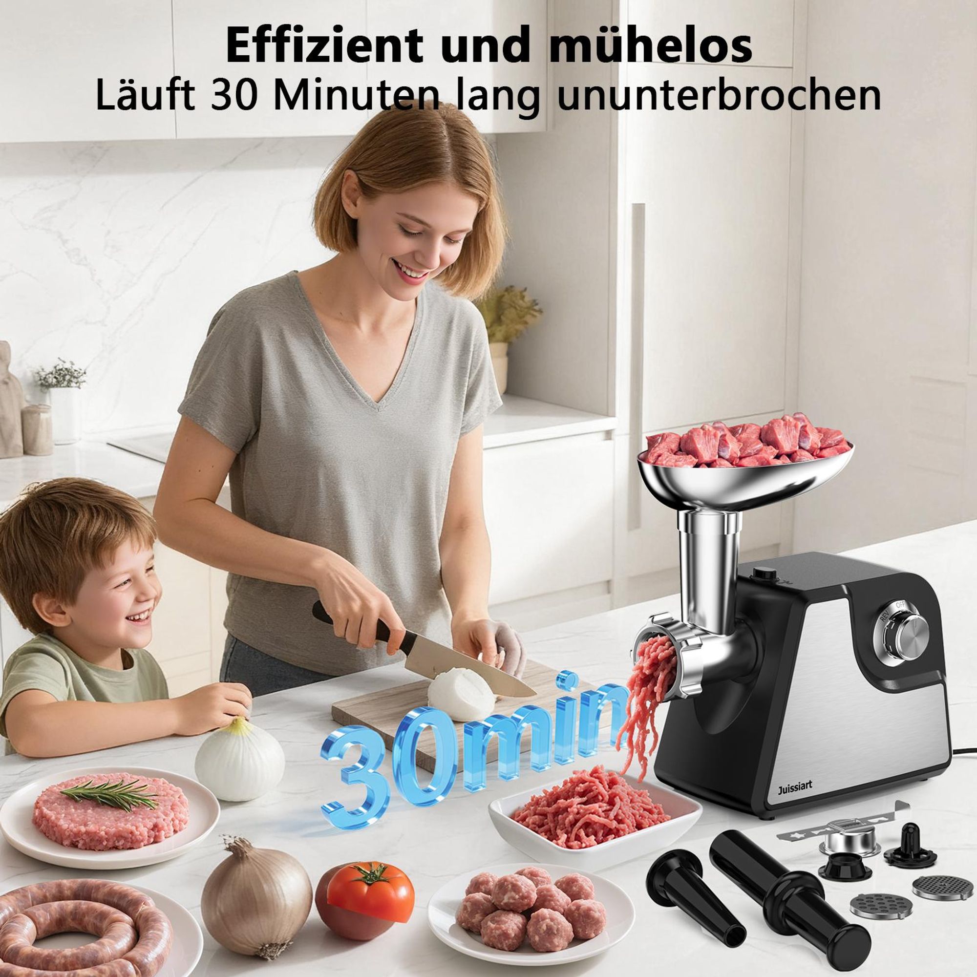 Juissiart MG4150R Elektrischer Fleischwolf - 300W Leistung 1.2KG/Min Fleischausbeute Klingenmaterial 420 pulvermetallurgischer Stahl - Schwarz