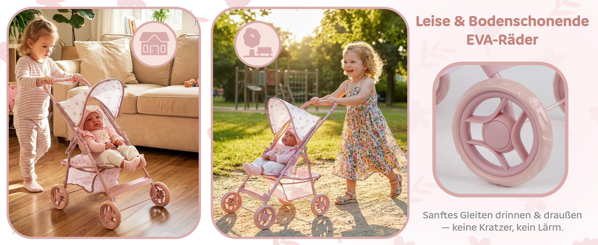 Puppenbuggy klappbar – leichter Puppenwagen mit EVA-Rädern und Zubehörkorb – Rollenspiel für Kinder ab 3 Jahren