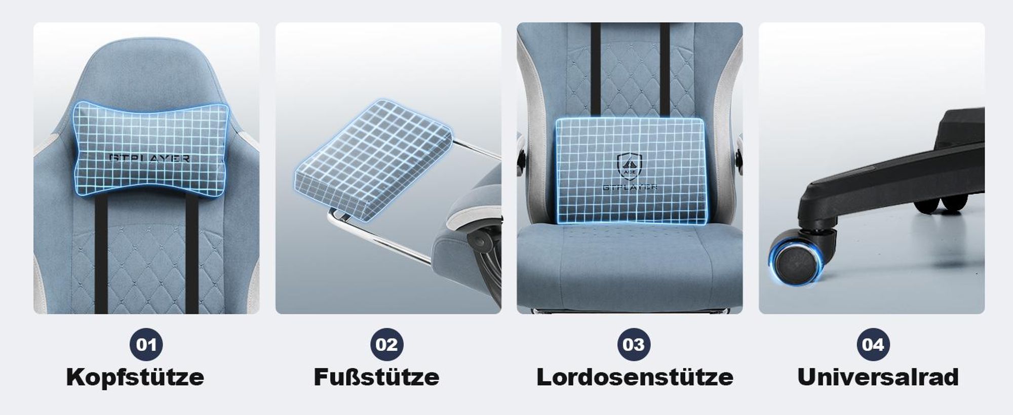 GTPLAYER Herná stolička Ergonomické herné kreslo Stolová stolička PC Gamer Racing Chair s látkovým povrchom, pružinovým sedákom, spojovacími podrúčkami, s podnožkou s nosnosťou do 153 kg Svetlo modrá