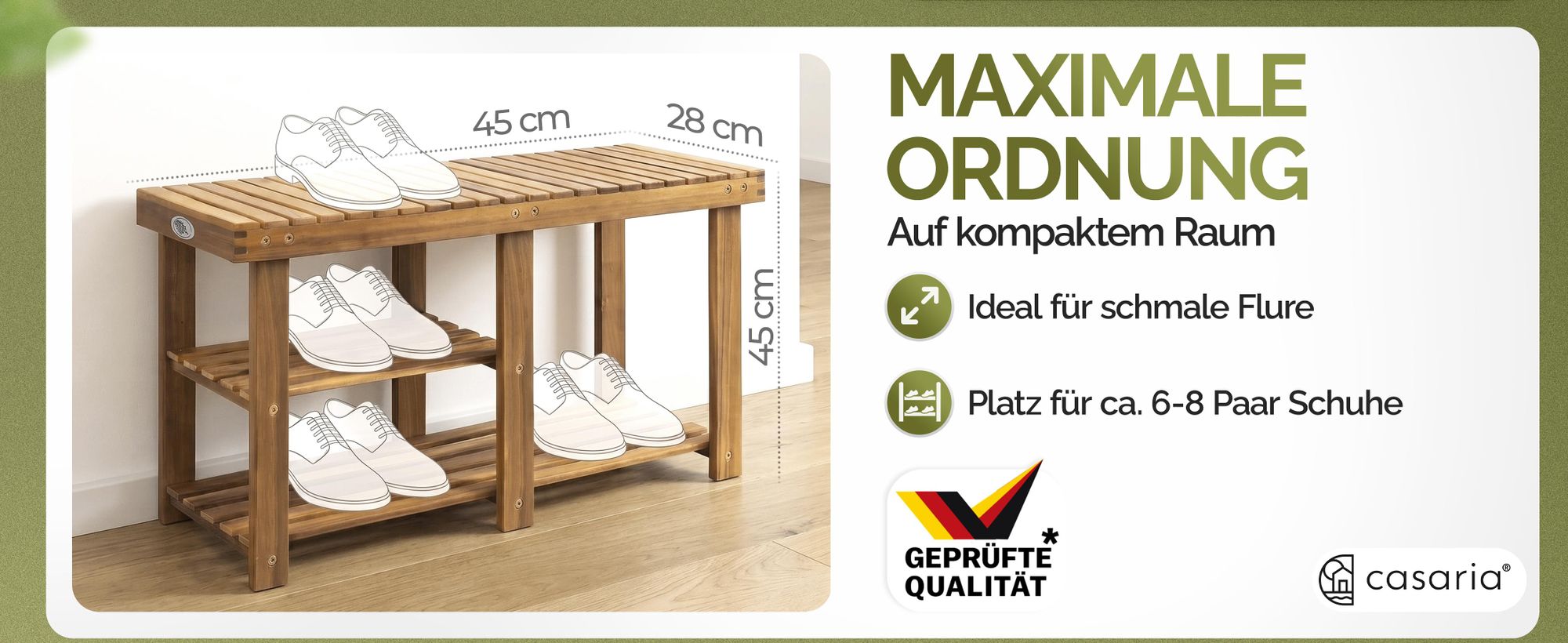 CASARIA Schuhbank mit Sitzfläche 87 x 45 x 30 cm 160kg Belastbarkeit 3 Ebenen Akazie Holz Massiv Flur Diele Bad Sitzbank Schuhregal Schuhschrank Braun