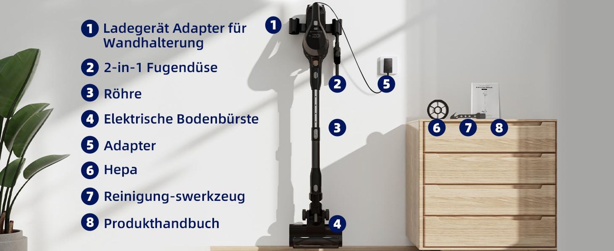 Aiibot 45000Pa Akku Staubsauger Bis zu 50 Min Laufzeit,Staubsauger Kabellos mit LED Touchscreen,8-Konische Zyklonsystem,Anti-Tangle-Bürste