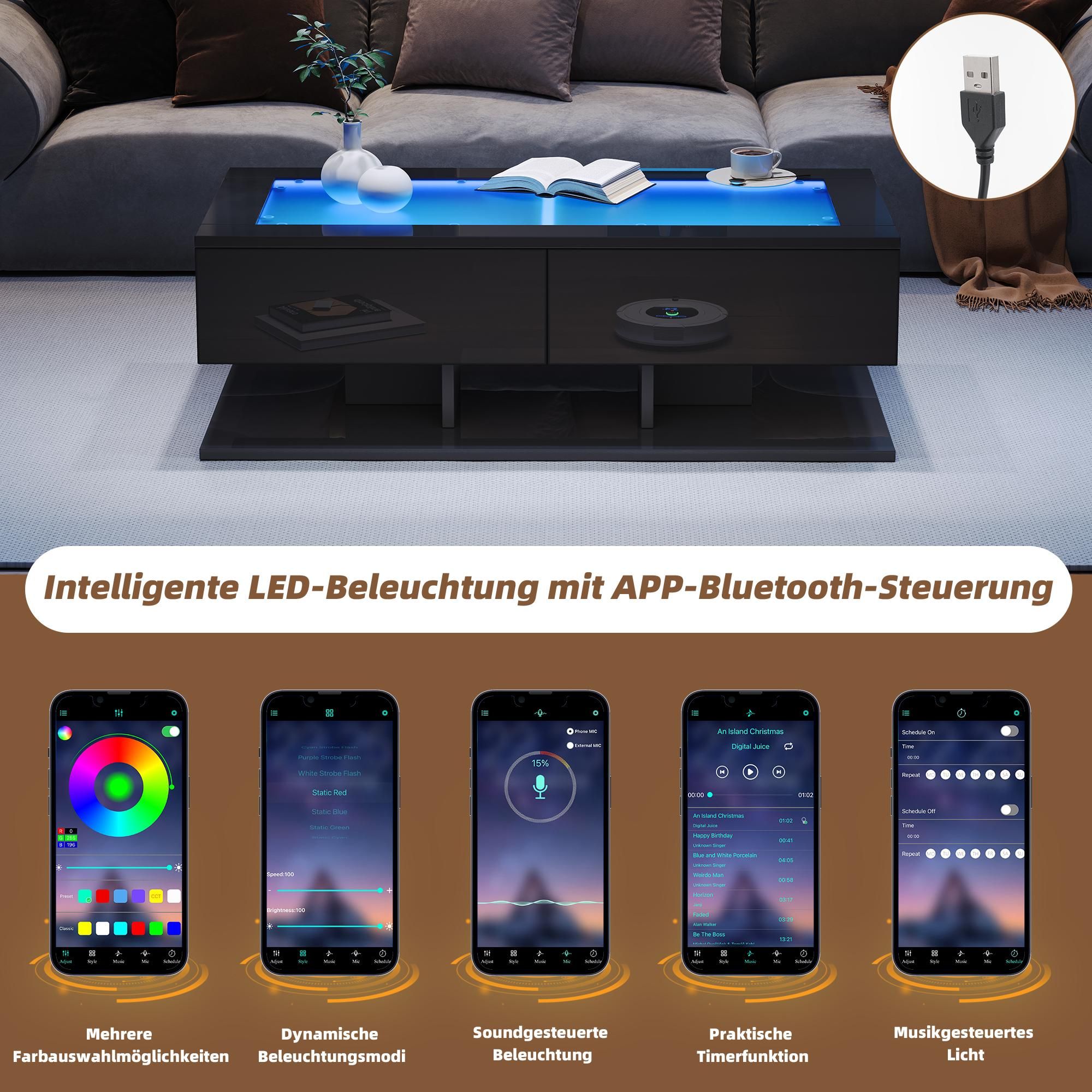 MODFU Hochglanz-Couchtisch mit LED,Wohnzimmertisch Schwarz Sofatisch mit 2 Schubladen,Kaffeetisch mit Glasplatte