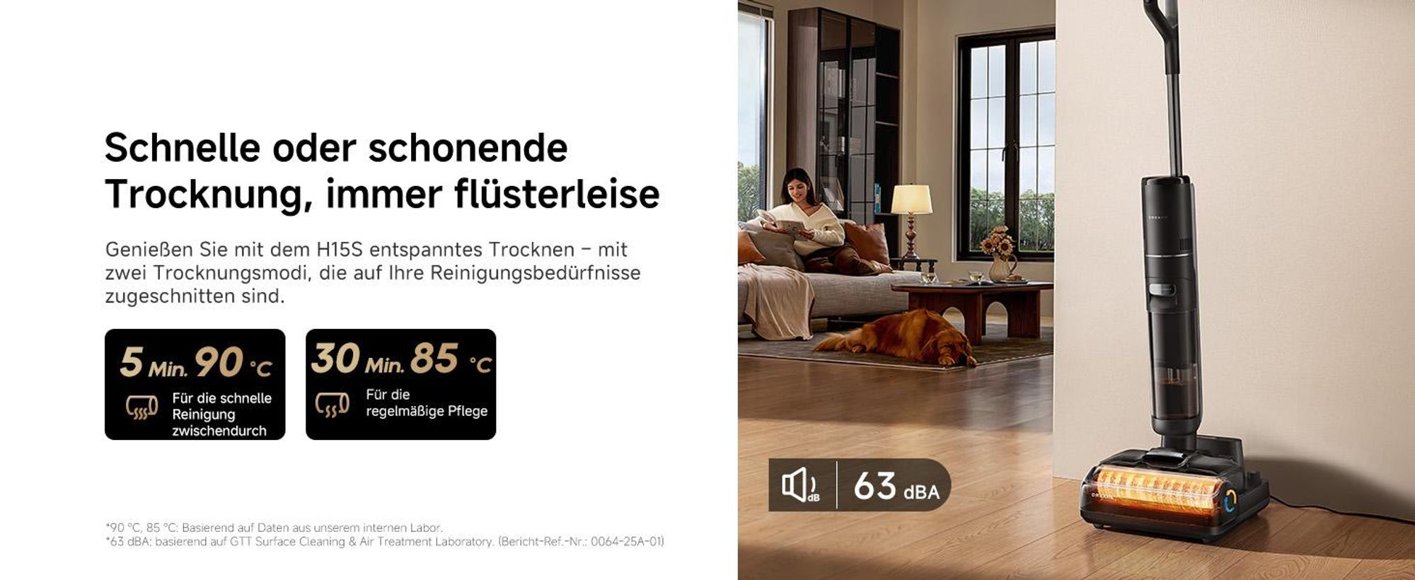 Dreame H15S Nass- und Trockensauger,3-fache Kantenreinigung,KI-Roboterarm,21000Pa Saugkraft,verhedderungsfrei,leise 90°C Trocknung,flaches 180°-Design