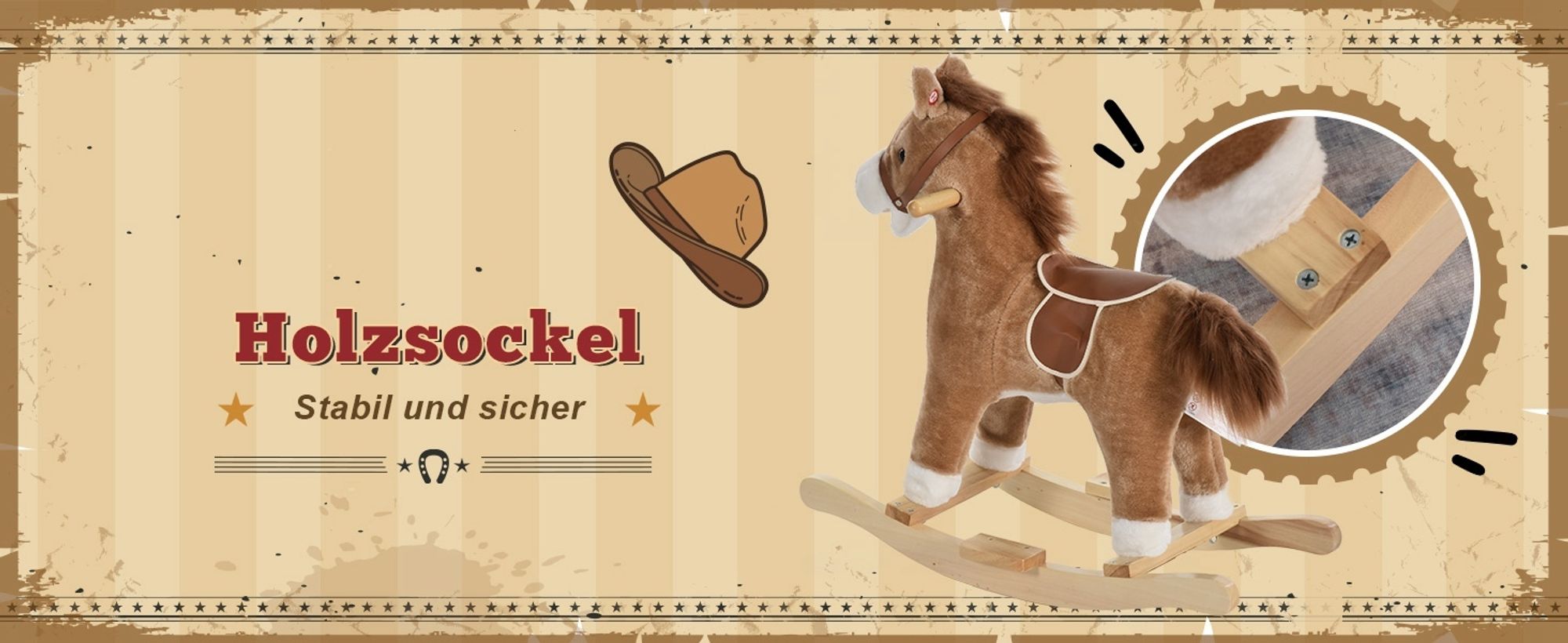 HOMCOM Kinder Schaukelpferd Baby Schaukeltier Pferd mit Tiergeräusche Spielzeug Haltegriffe für 36-72 Monate Plüsch Braun 65 x 32,5 x 61 cm