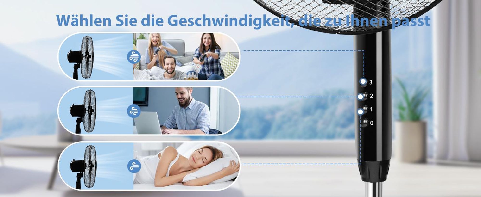 Aigostar - Standventilator, 3 Geschwindigkeiten, 7 Klingen, 41 cm Durchmesser, leise, 75° Oszillation, Schwarz