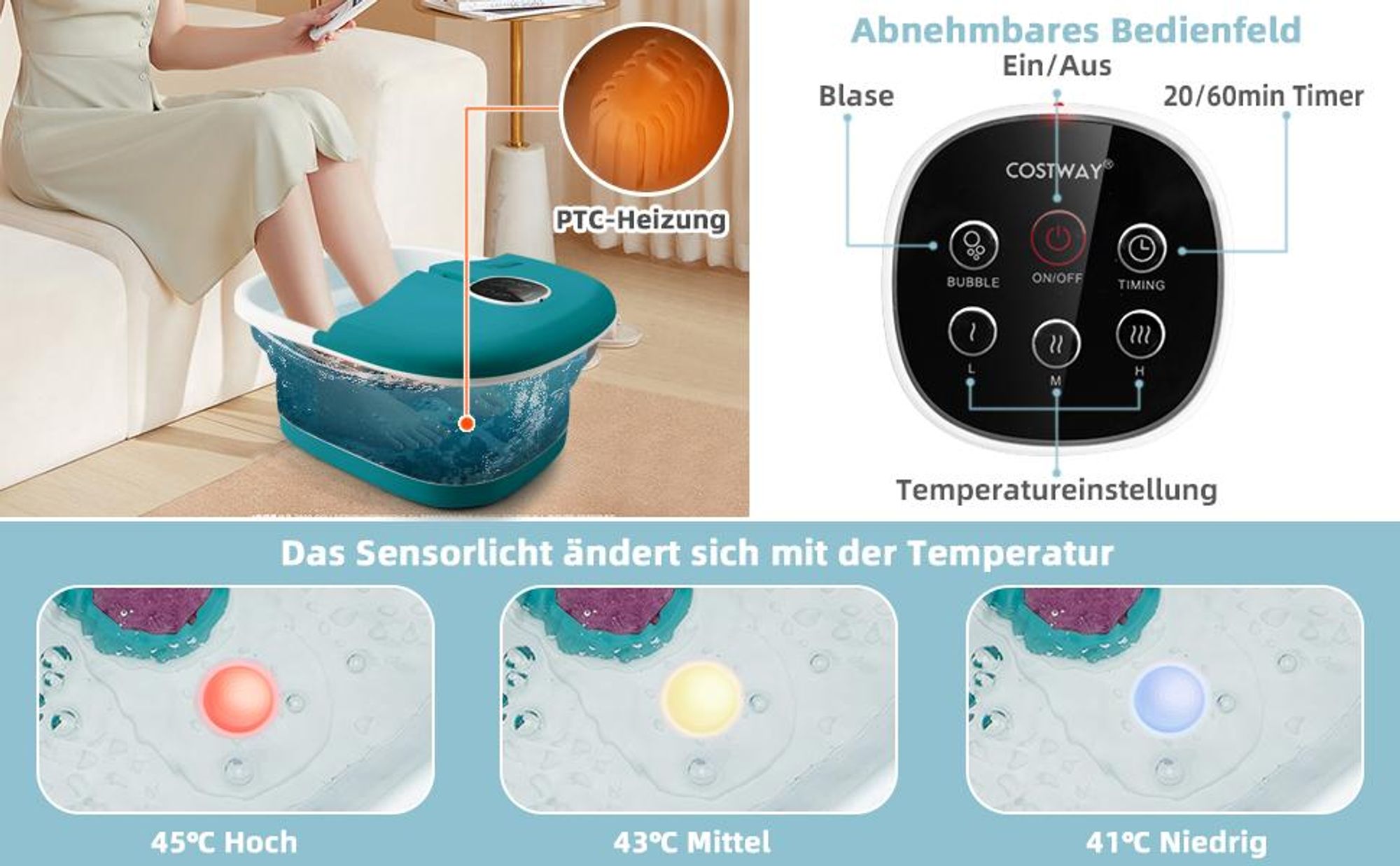 COSTWAY Elektronisches Fußsprudelbad 500W, Shiatsu-Fußmassagegerät klappbar, Fußbad mit 41/43/45℃ Heizung, 3 Modi, 16 Massagerollen & Bimsstein Blau
