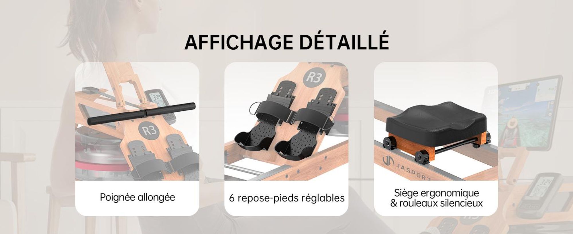 JASPORT R3 rameur à eau pliable en chêne , Bluetooth, écran LCD, Kinomap, réservoir de 28 l, jusqu’à 150 kg – Cherry