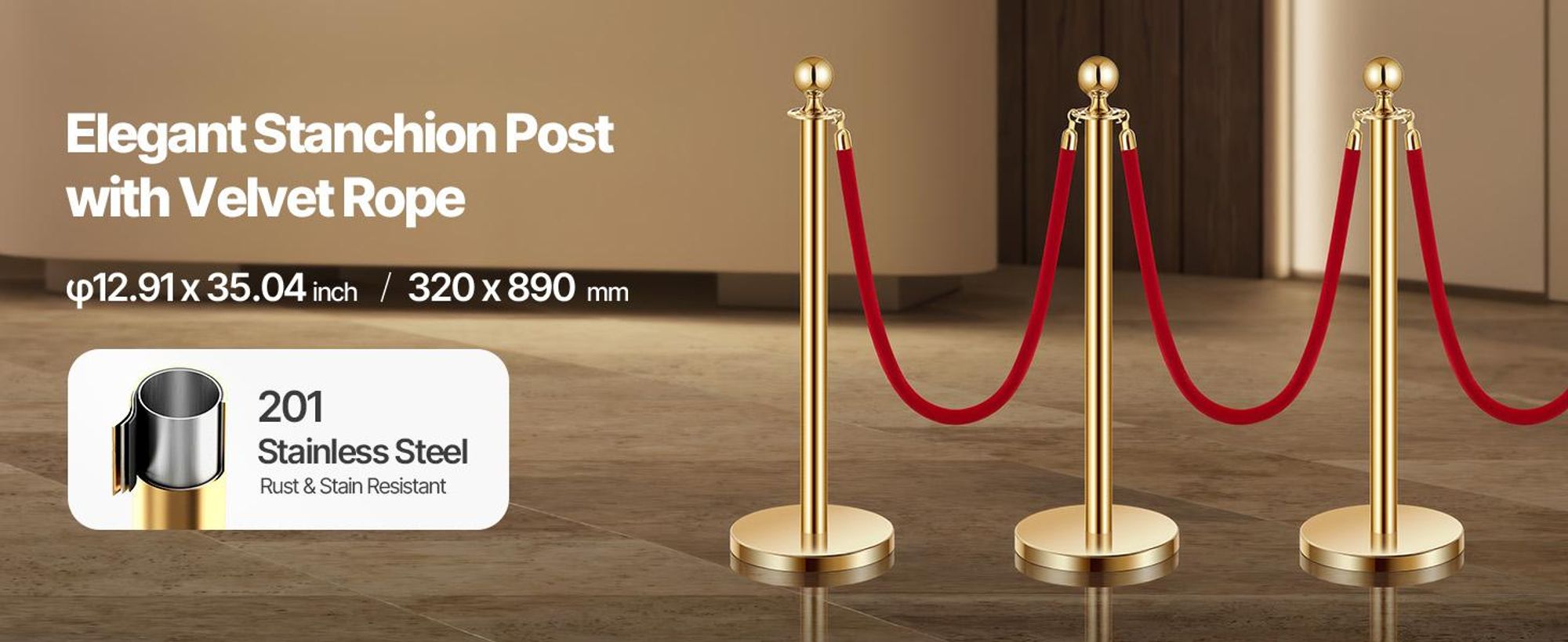 VEVOR Personenleitsystem (4 Stück) mit 3 roten Samtseilen (1,5 m lang) Absperrpfosten aus Edelstahl mit nachfüllbarem Sockel für Ausstellungen Gold