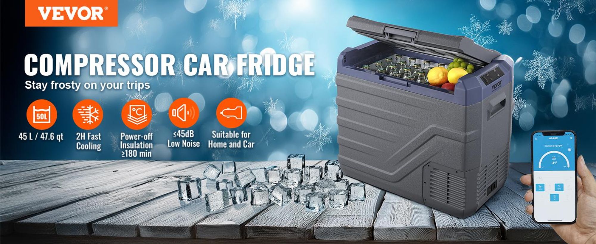 VEVOR Autokühlschrank, 12-Volt-Autokühlschrank, 45-l-Einzelzonen-Tragbarer Gefrierschrank mit eingebautem Licht, -20 °C bis 20 °C, Kompressorkühler für Outdoor, Camping, Wohnmobil