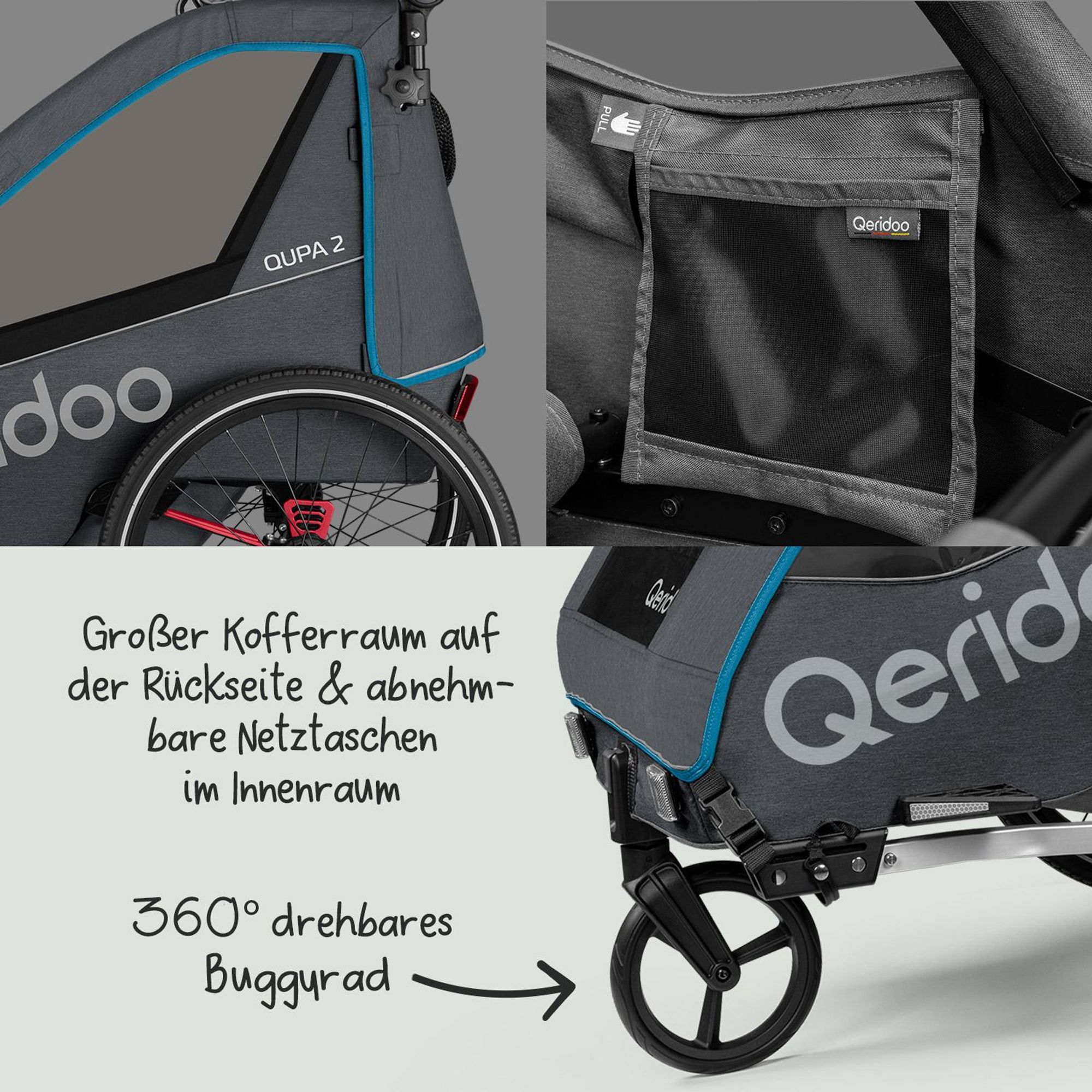 Qeridoo QUPA 2 - Kinderfahrradanhänger für 2 Kinder, Farbe: Blue