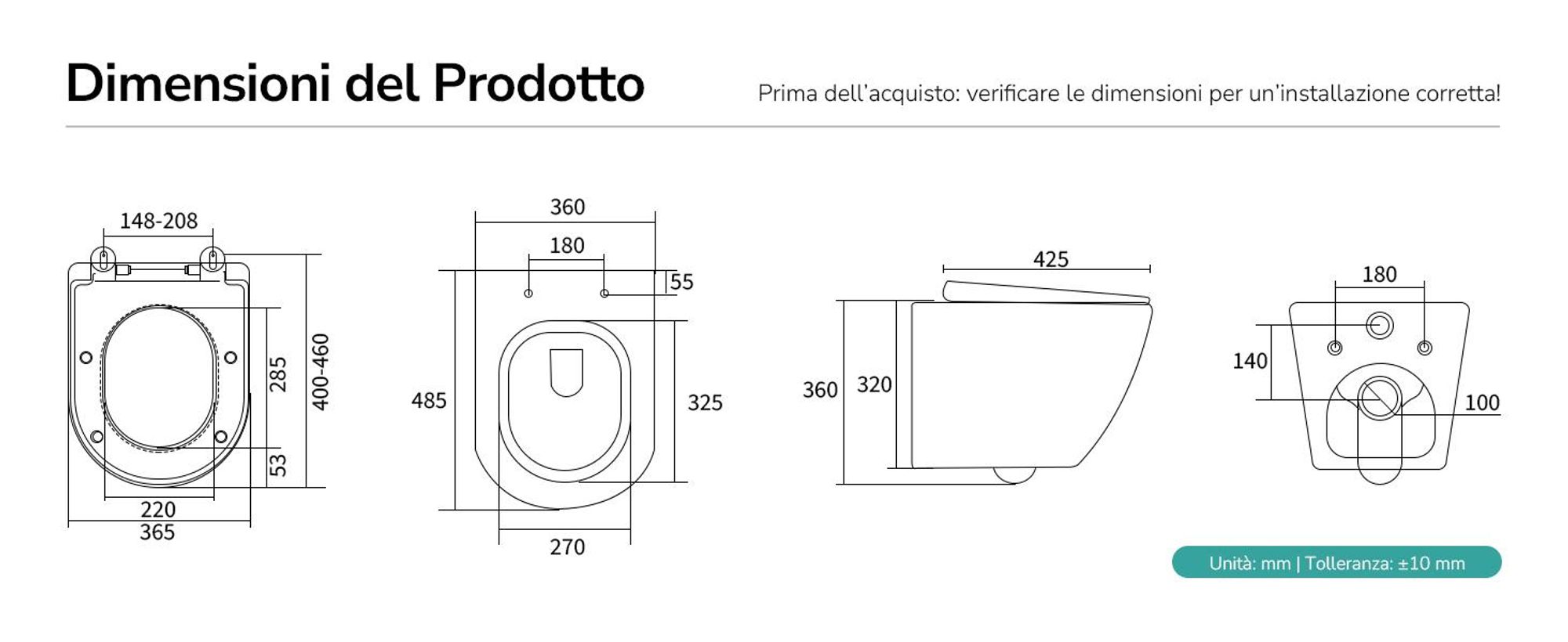EMKE WC sospeso in ceramica senza bordo WC sospeso a risparmio idrico con scarico diretto Doppio foro di risciacquo Coperchio con chiusura morbida Nero opaco