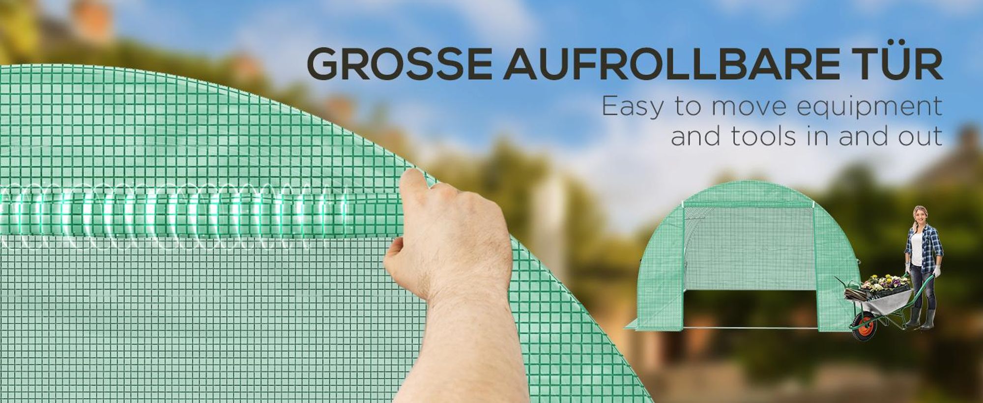 Outsunny Foliengewächshaus Polytunnel 3,97 x 3 x 2 m Abdeckungen aufrollbar Grün