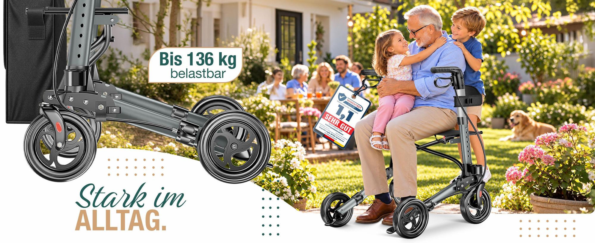 ELONEO Rollator faltbar und leicht mit Sitz, Leichtgewicht-Reiserollator aus Aluminium, Gehhilfe 8-fach höhenverstellbar, Laufhilfe 3-fach faltbar