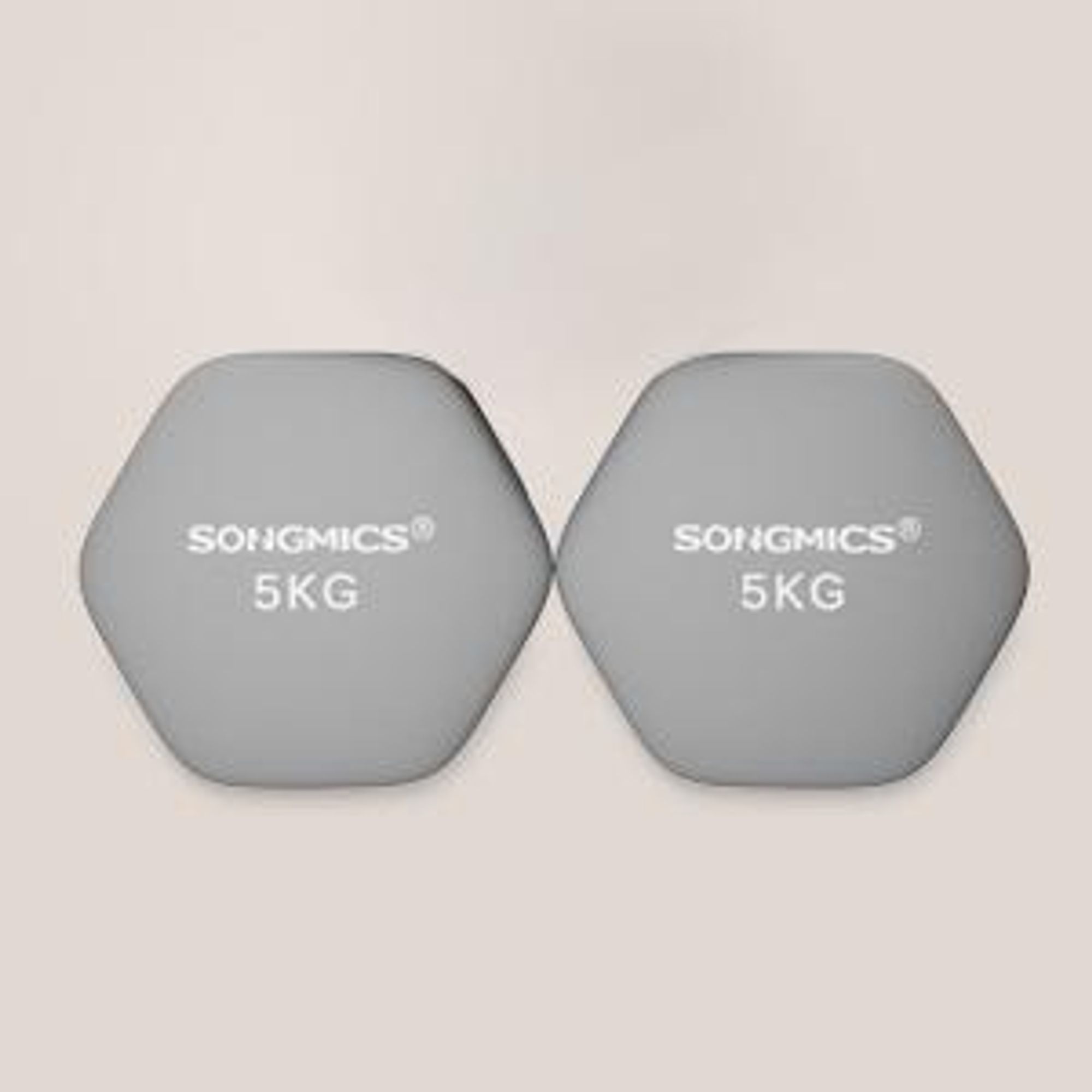 SONGMICS Hanteln, 2er Set, 2 x 5 kg, Hantelset, Kurzhanteln, Hexagon, Neopren-Beschichtung, Krafttraining, Workout, Fitnesstraining, für Zuhause, grau