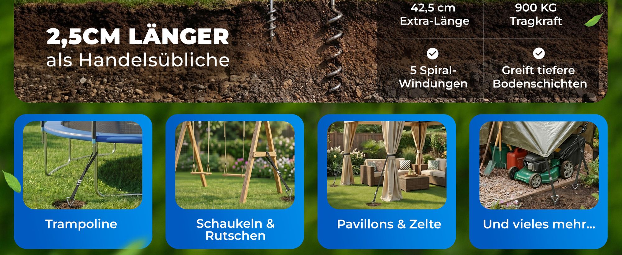 MONZANA® 4 Bodenanker Trampolin 42,5cm 5 Windungen 900kg Verstellbare Gurte Rostfrei Sicherung Set Erdanker Befestigung Pavillon Gartenhaus Schaukel