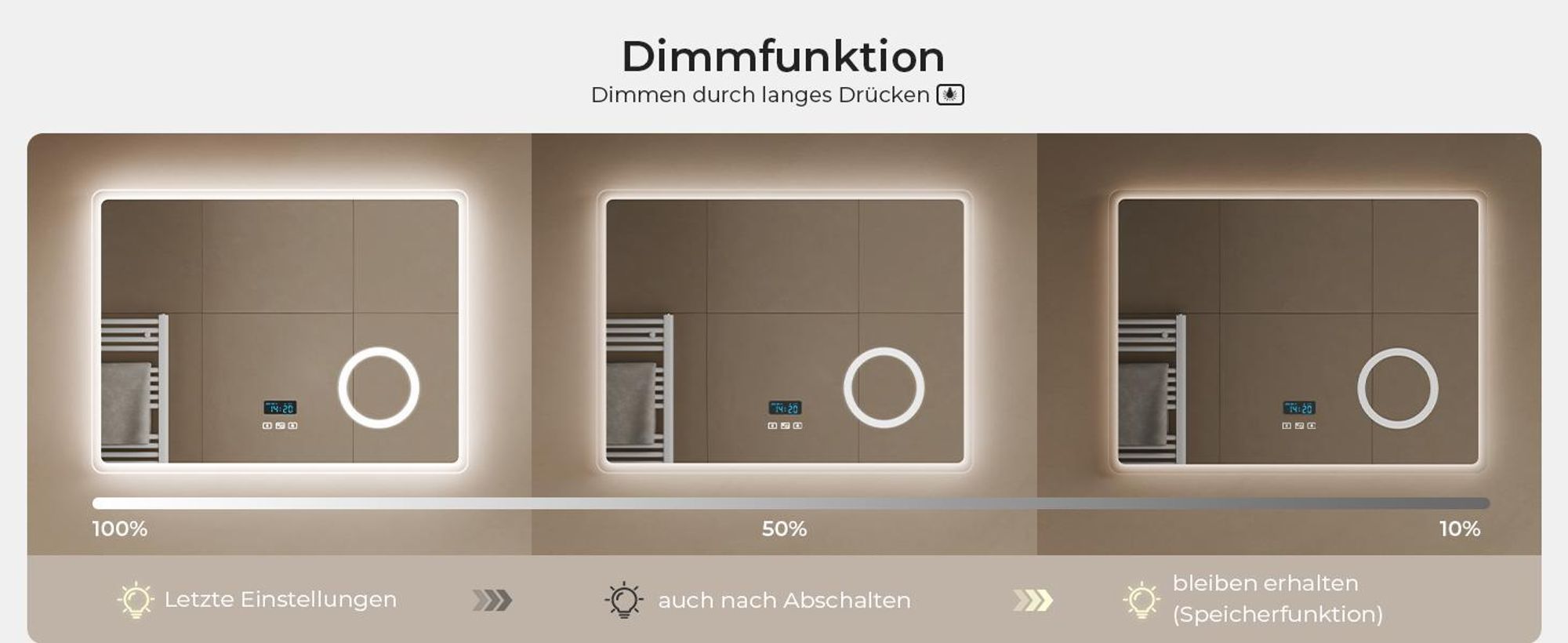 S'AFIELINA 60x100 cm LED Badspiegel mit Beleuchtung , Touch, dimmbar, 3 Lichtfarben, Bluetooth, Uhr, beschlagfrei, 3X Kosmetikspiegel, Wandmontage