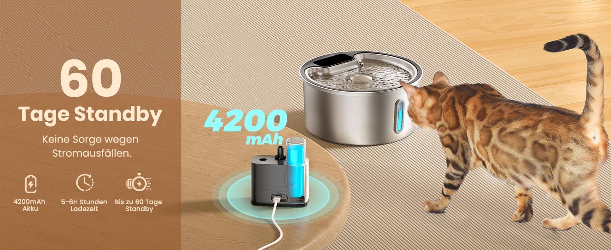 Trinkbrunnen für Katze Kabellos, Haustier Wasserspender, Katzenbrunnen, 3.2L Edelstahl Wasserbrunnen, Automatisch Leise, BPA Frei