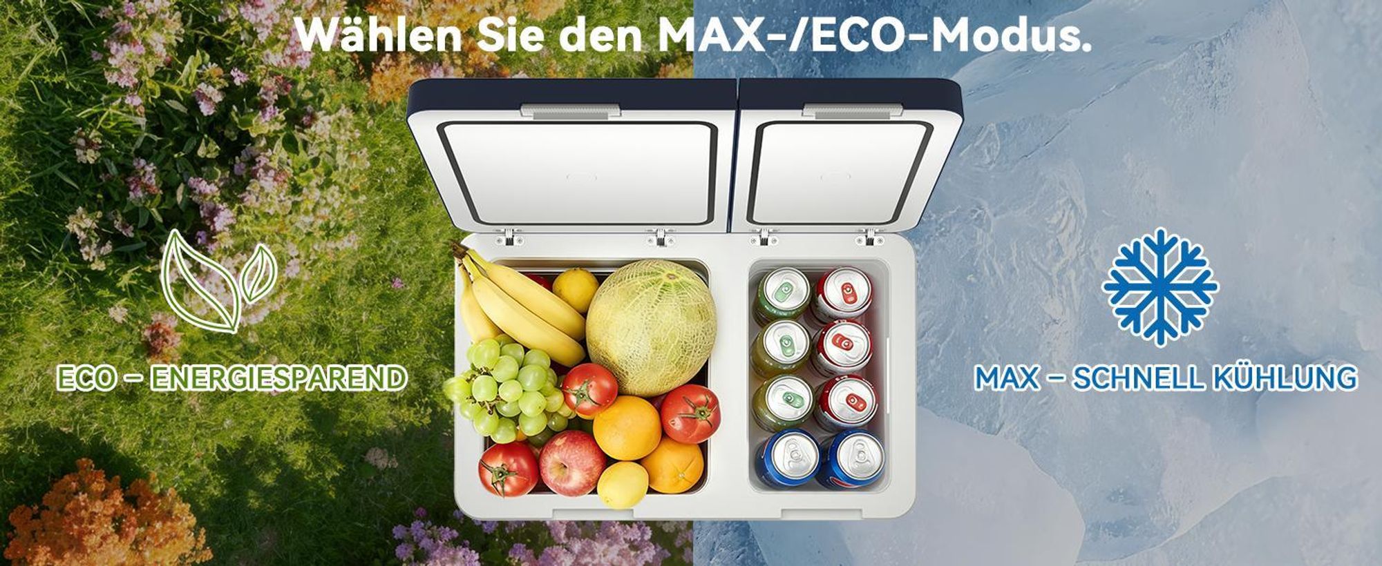 Puluomis 45L Kühlbox mit 2 Zonen & 2 Türen, Kompressor -20°C bis +20°C, 12/24V DC & 220-240V AC, MAX/ECO Modus, leise <45dB, für Camping & Wohnmobil