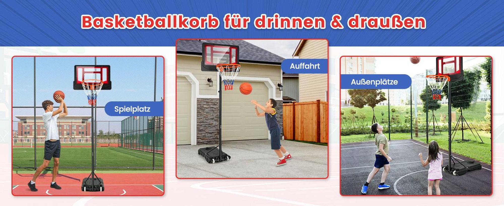 COSTWAY Basketballkorb mit Ständer 90-210 cm höhenverstellbar, Basketballständer mit 2 Rädern, Korbanlage für Kinder, Erwachsene, wetterbeständig Outdoor