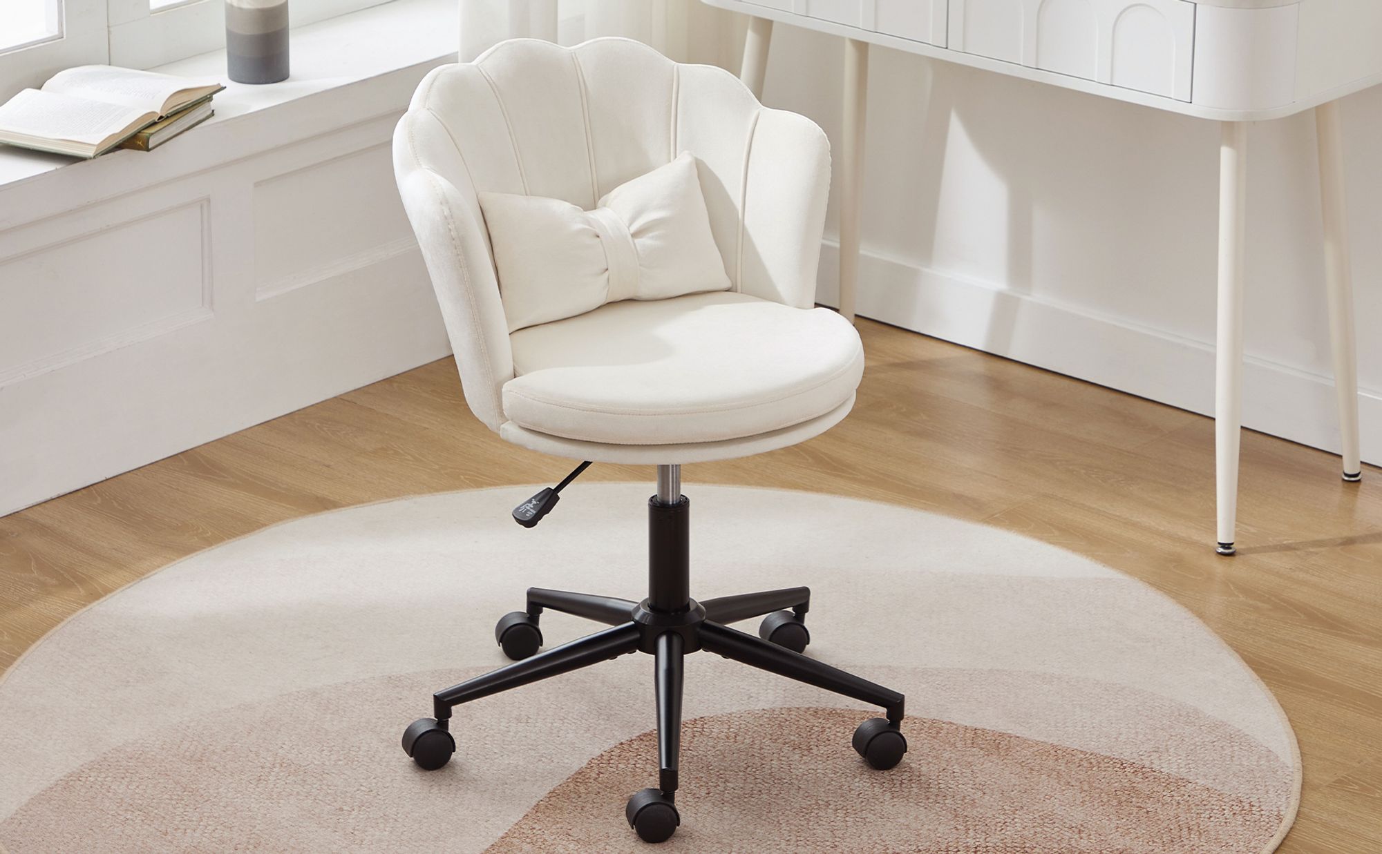 Flieks Bürostuhl ergonomisch, Stuhl drehbar Schminktisch, Schminkstuhl ohne Armlehne, Schreibtischstuh mit Blütenblatt-Rückenlehne, Beige