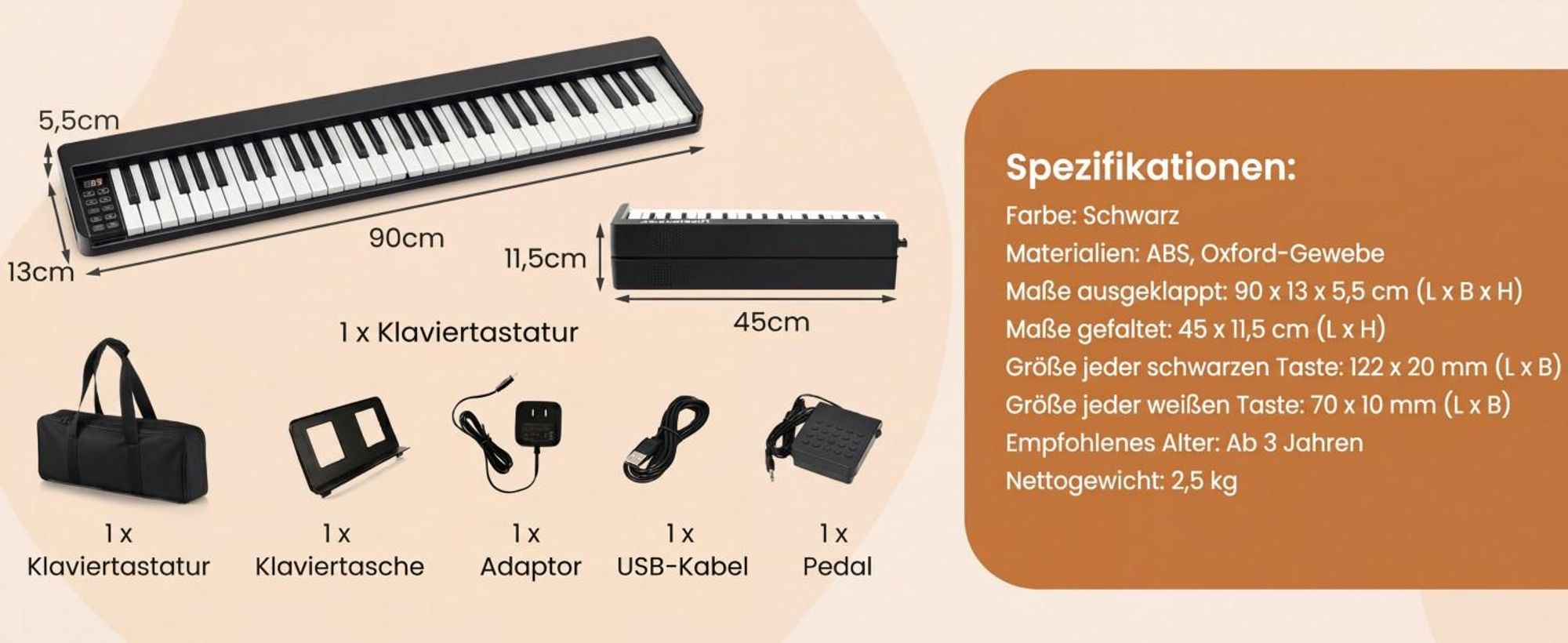 COSTWAY Digital Piano mit 61 Tasten, Elektrtisches Klavier klappbar mit Bluetooth, Notenständer, Pedal & Klaviertasche, E-Piano Klaviertastatur für Kinder Erwachsene