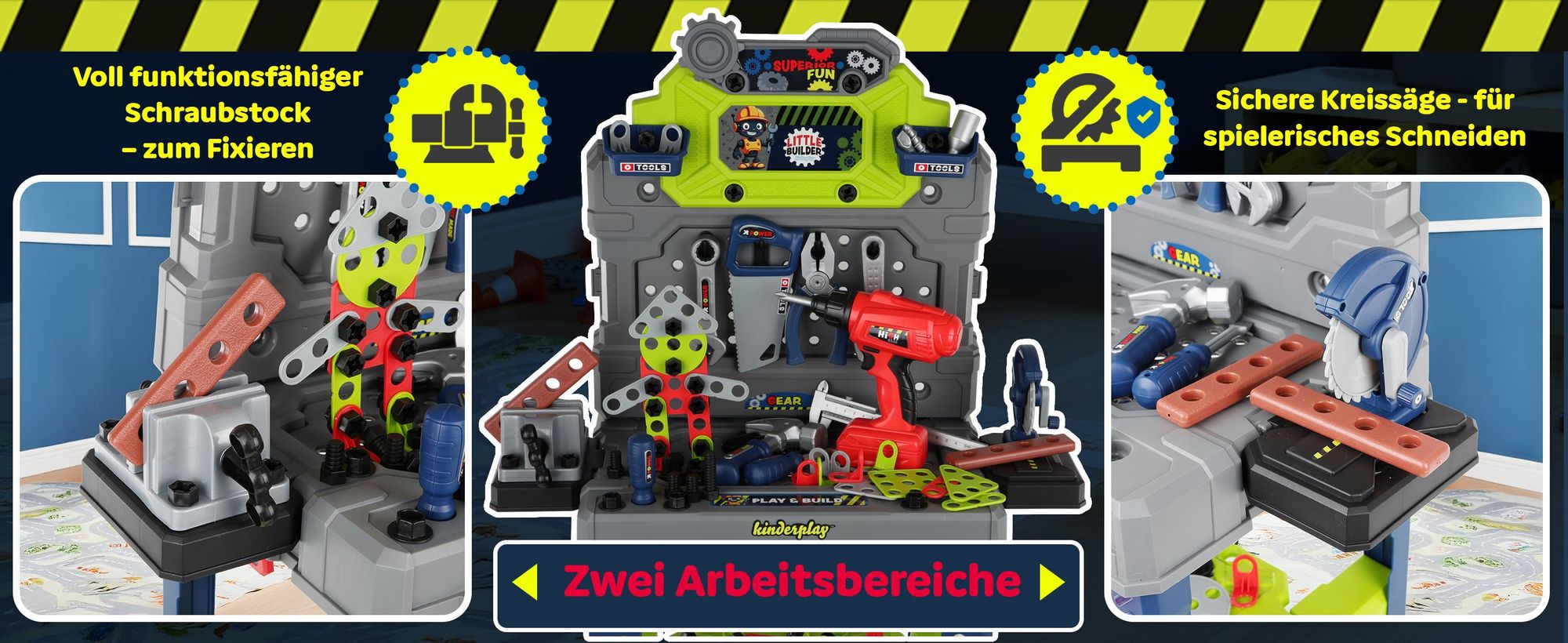 Kinder Werkbank Spielzeug mit Zubehör und Batteriebetriebener Bohrmaschine – Lernset für Kinder ab 3 Jahren