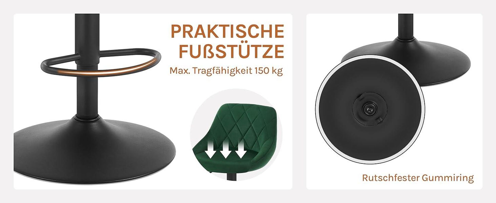 WOLTU Barhocker 2er Set, Barstuhl, Gute gepolsterte Sitzfläche aus Samt, Höhenverstellbar, 360° Drehbar, Dunkelgrün