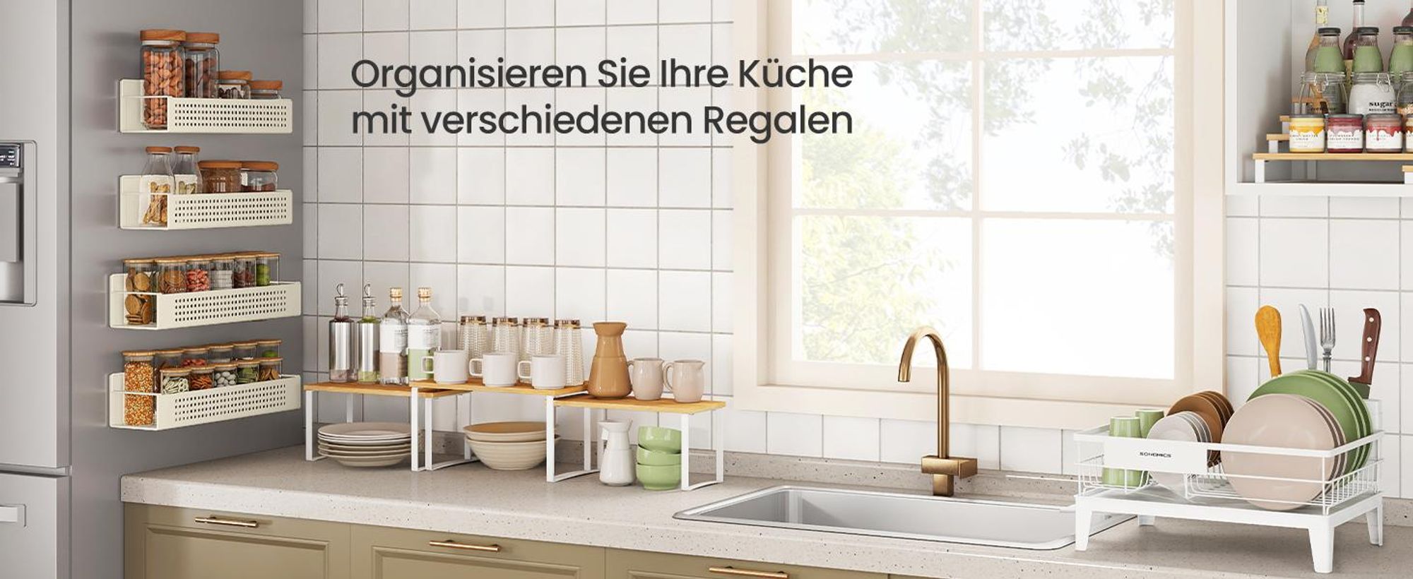 Gewürzregal magnetisch, 4er Set, 2 große und 2 kleine Regale, Magnetregal ohne Bohren, Kühlschrank, cremeweiß