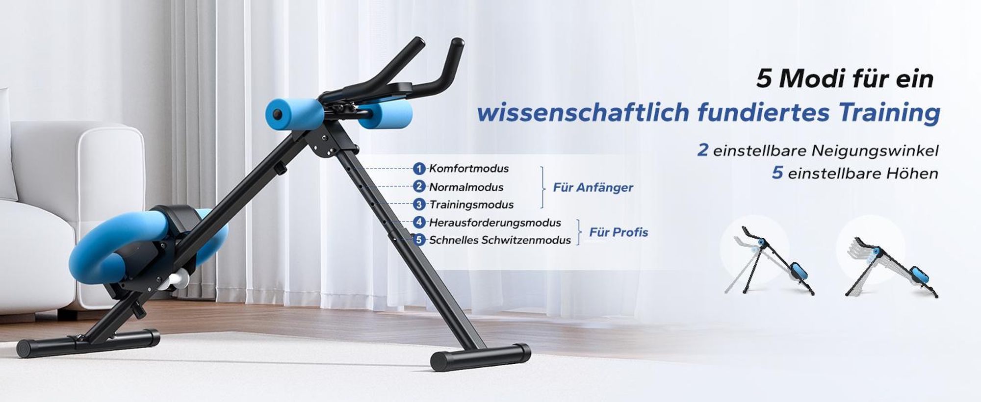 Multifunktionaler klappbarer Bauchmuskeltrainer – LCD-Display, 5 Höheneinstellungen & 2 Neigungswinkel, ergonomisch, bis 120 kg, Ganzkörpertraining