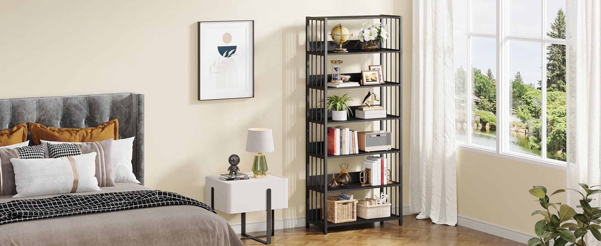 Tribesigns Bücherregal mit 6 Ebenen,190cm groß Industrielles Standregal, BücherschrankLagerregal, Bücherregaleinheiten, freistehendes Regal (Schwarz)