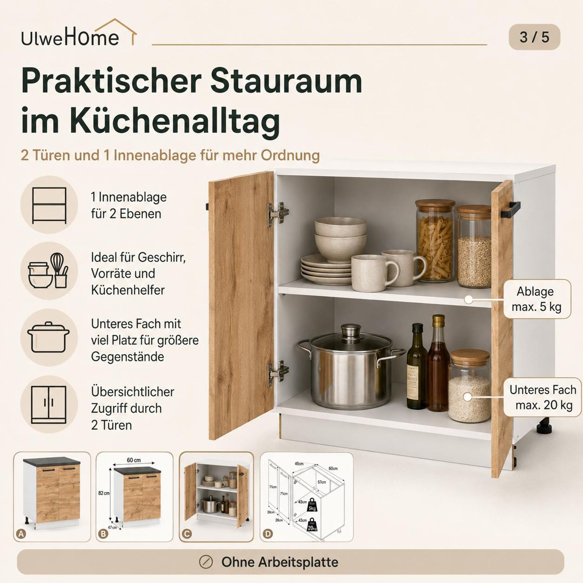 UlweHome Küchenunterschrank Eiche Wotan: Stauraum auf 2 Ebenen mit Belastungsangaben.