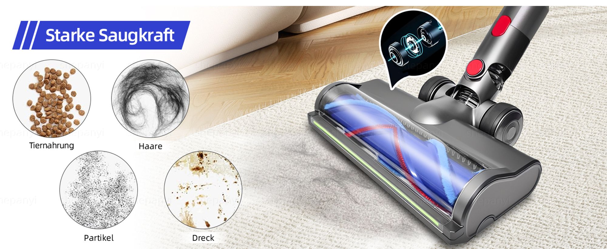 Bürste für Dyson V7 V8 V10 V11 V15 Staubsauger, Kopf-Ersatzteile mit grünen LED,Turbinenbürstenaufsatz für Teppiche, Hartholzböden und Fliesen